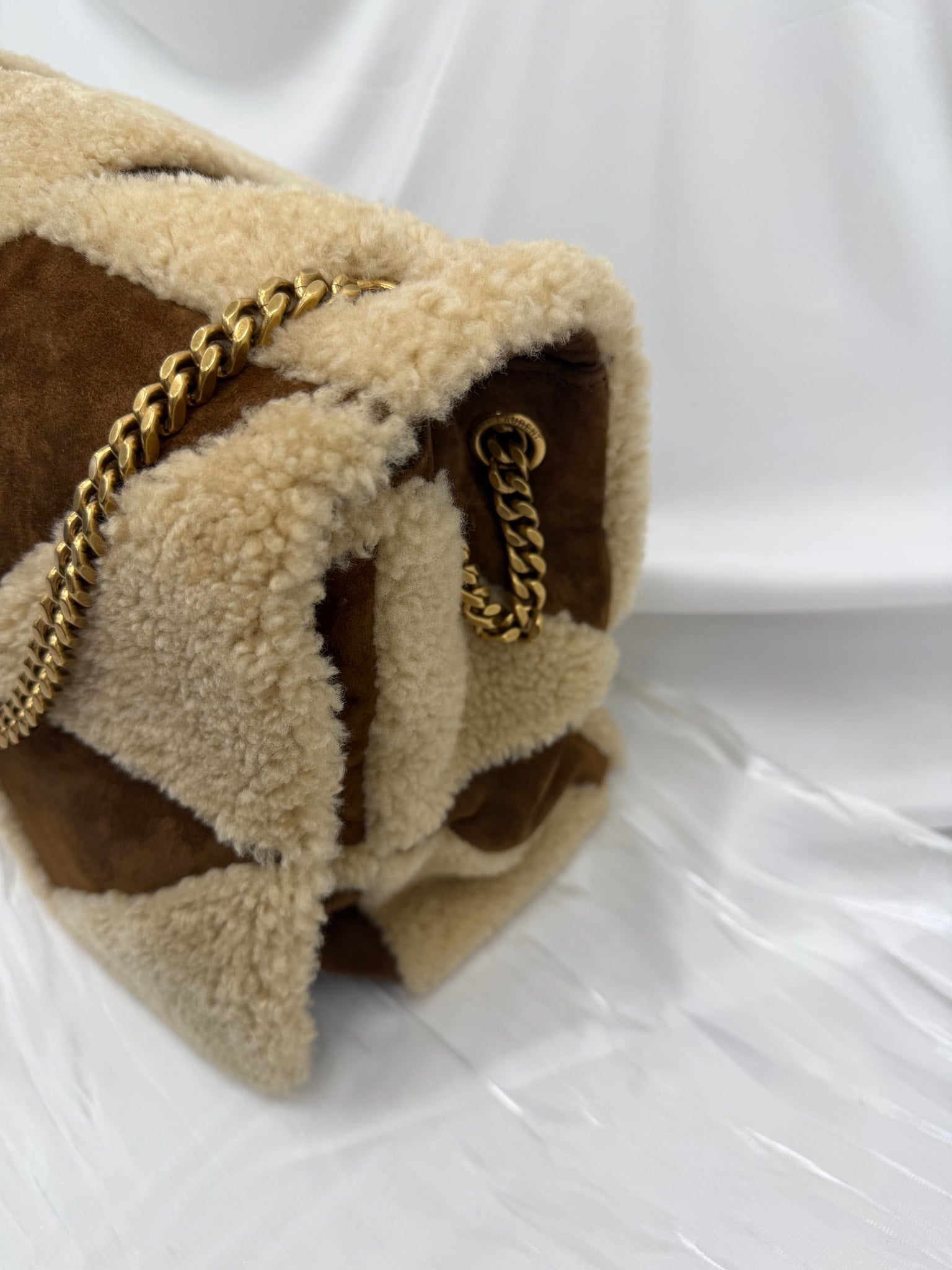 LIKE NEW- Saint Laurent YSL Brown Suede & Shearling Medium Jamie Patchwork  Shoulder Bag