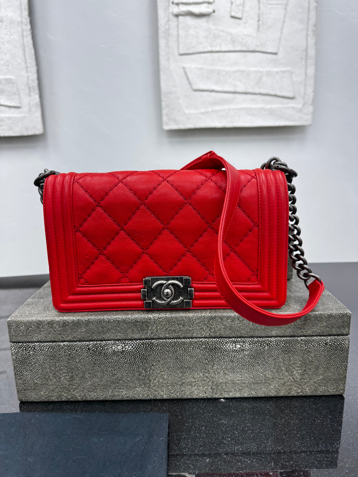 Chanel Red Calfskin Leather Wild Stitch Medium Boy Flap Bag