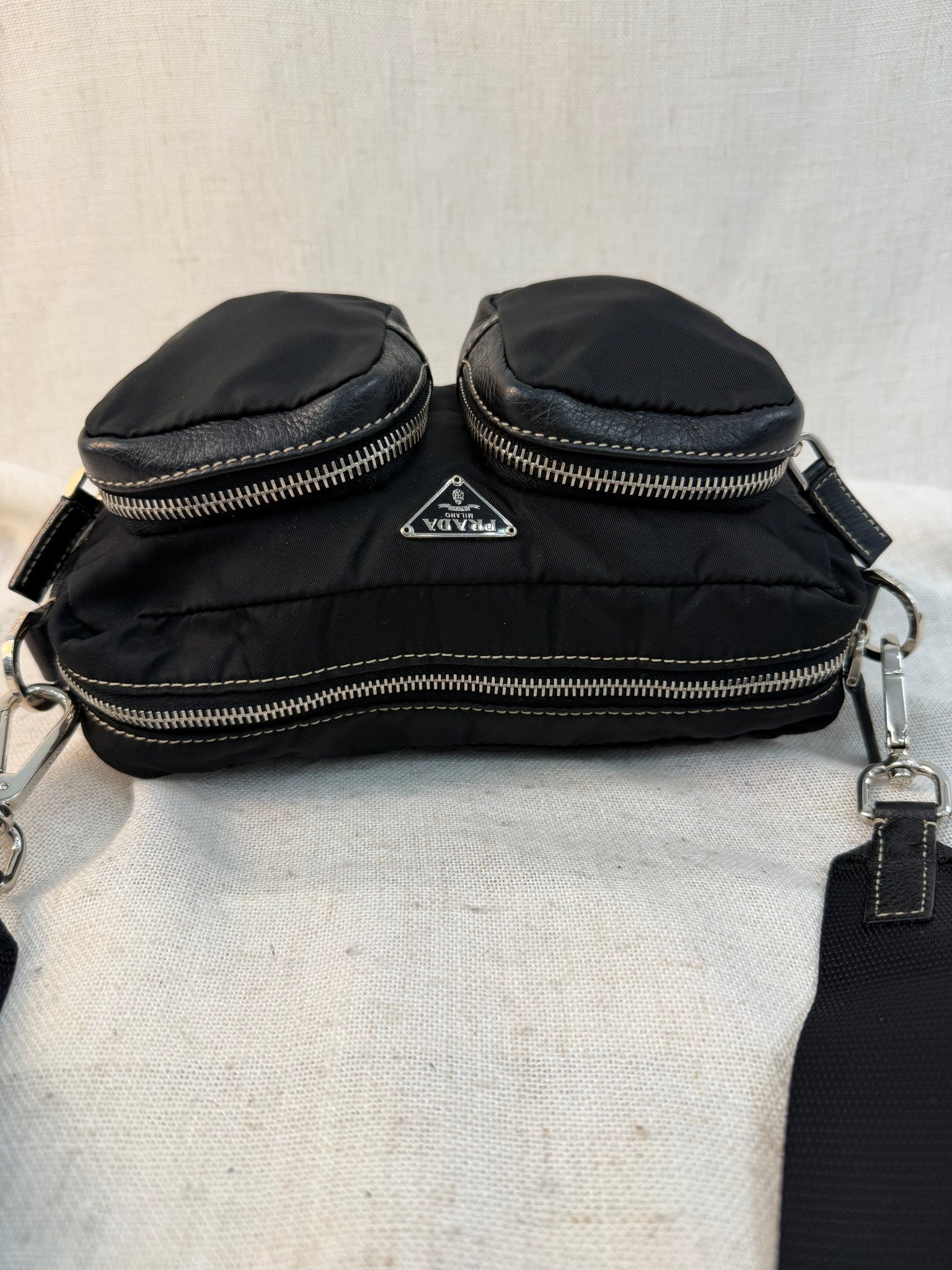 Prada Black Nylon Tessuto Double Pocket Shoulder Bag