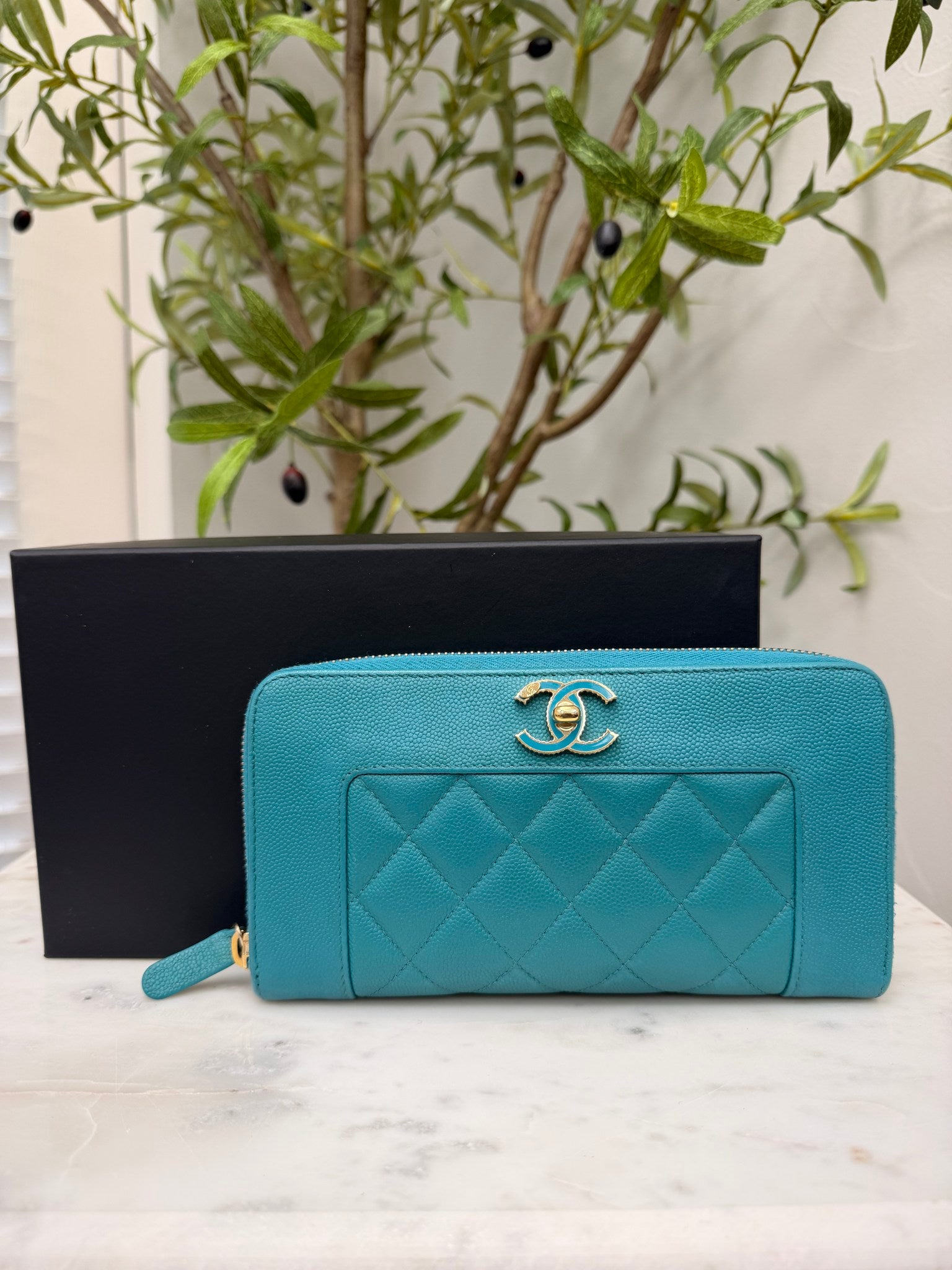 Chanel Turquoise Quilted Caviar Leather Mademoiselle Wallet 