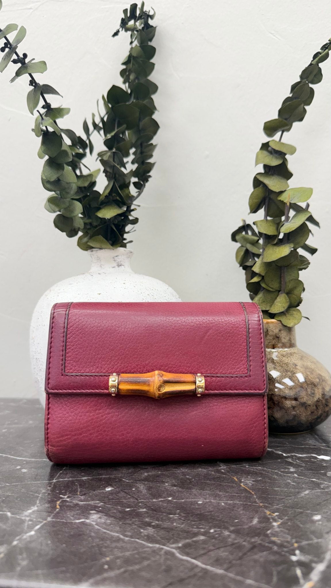 Gucci Burgundy Grained Leather Bamboo Trifold Wallet 