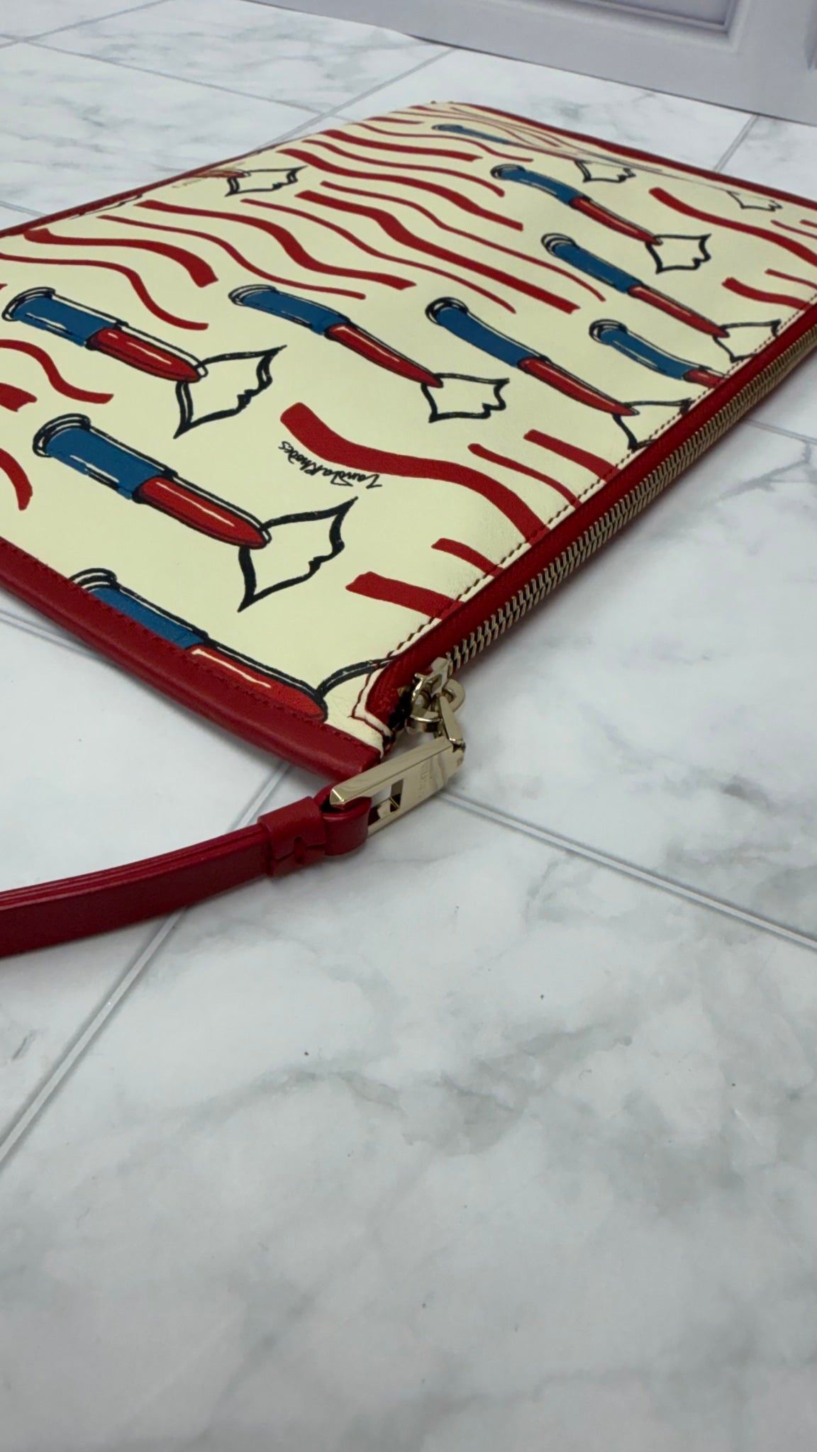 Valentino White Lipstick Printed Leather Pouch