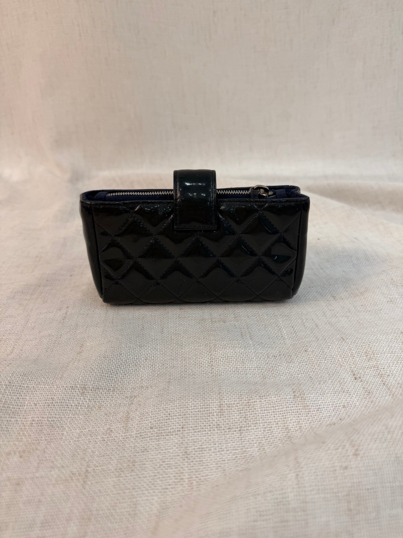 Chanel Navy Patent Leather Quilted Wallet Pouch