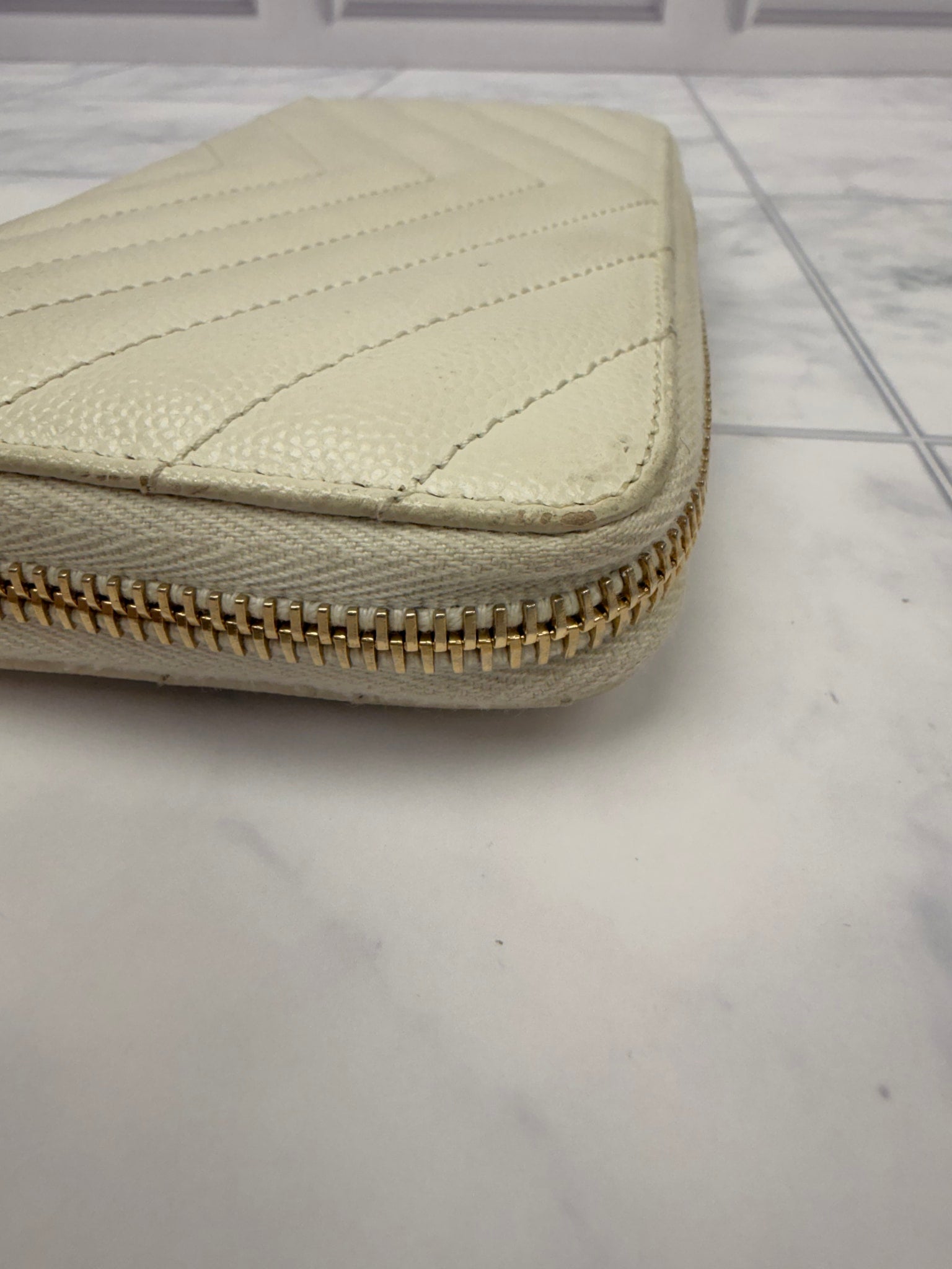 Saint Laurent YSL Cream Chevron Leather Continental Wallet 