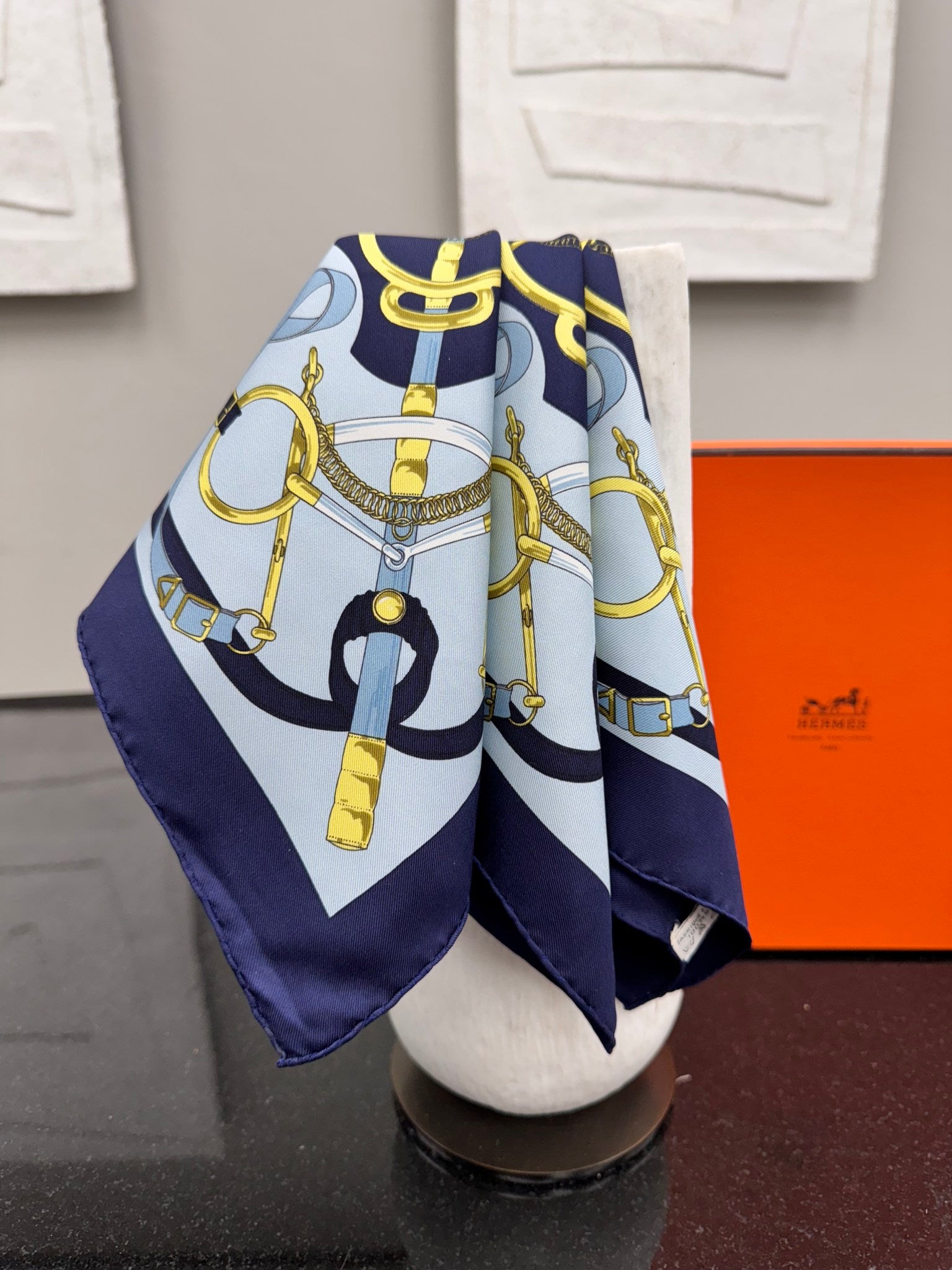Hermes Navy Blue And Gold Silk Eperon d'Or Scarf