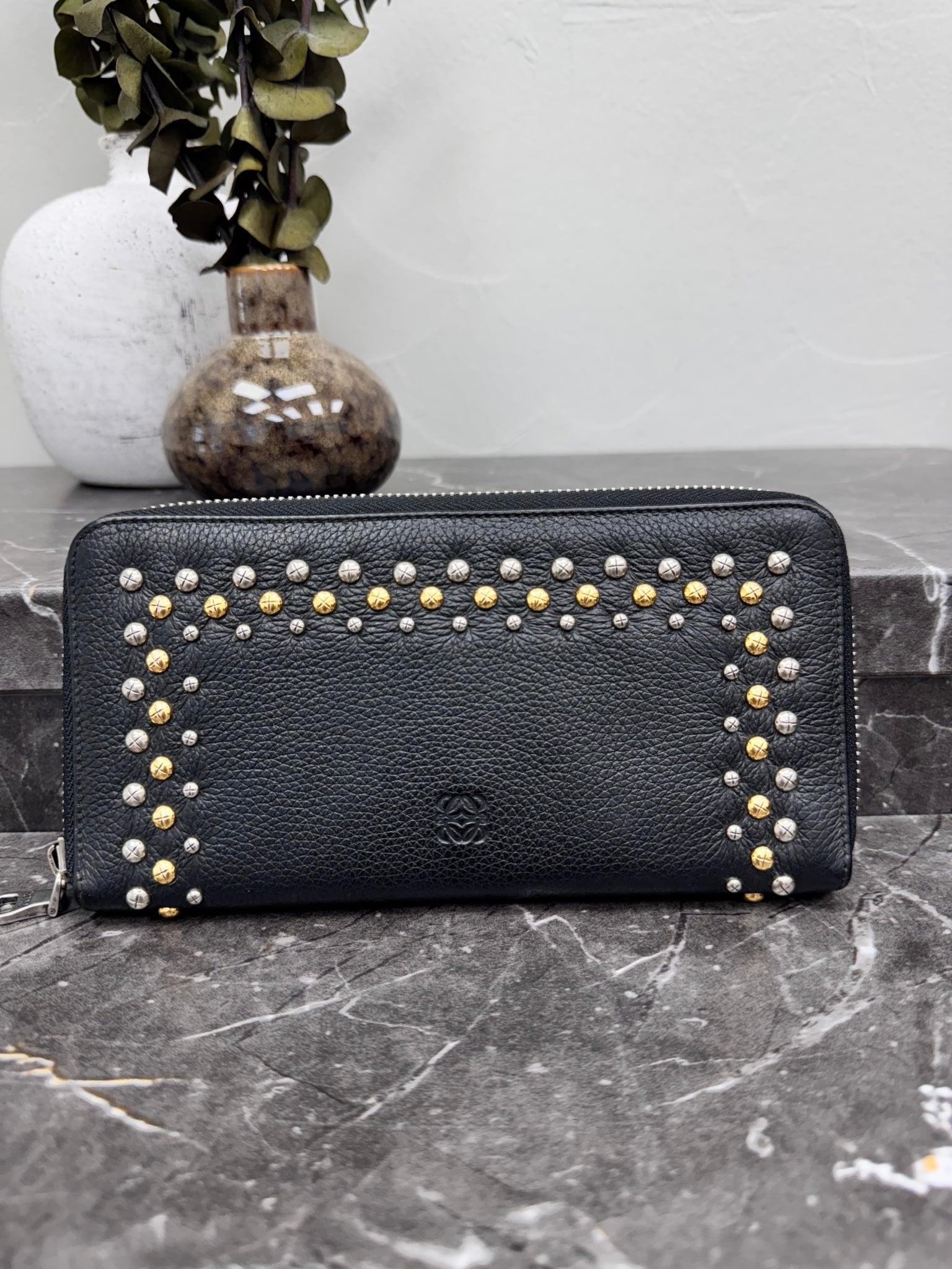Loewe Black Grained Leather Studded Zippy Wallet