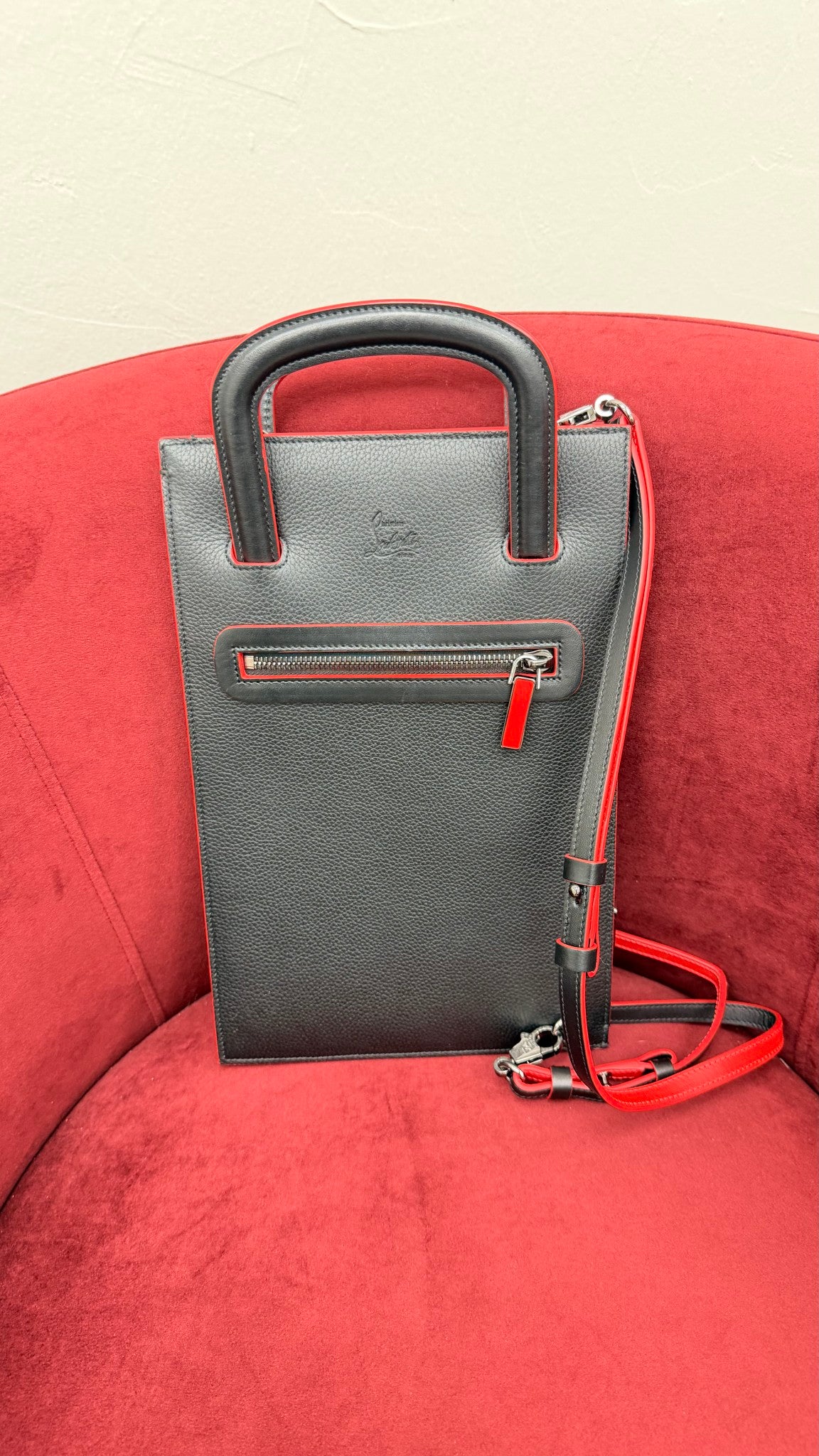 LIKE NEW- Christian Louboutin Black Leather Studded Trictrac Portfolio 2way Bag