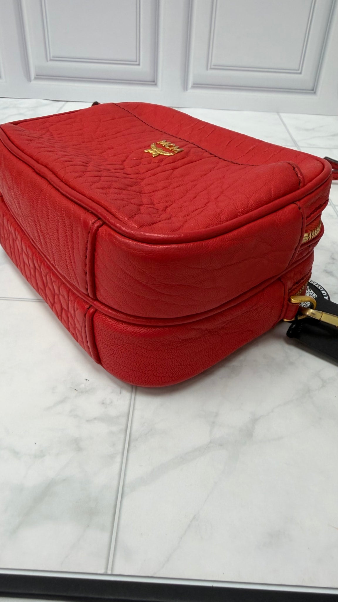 MCM Red Textured Leather Double Zip Camera Bag