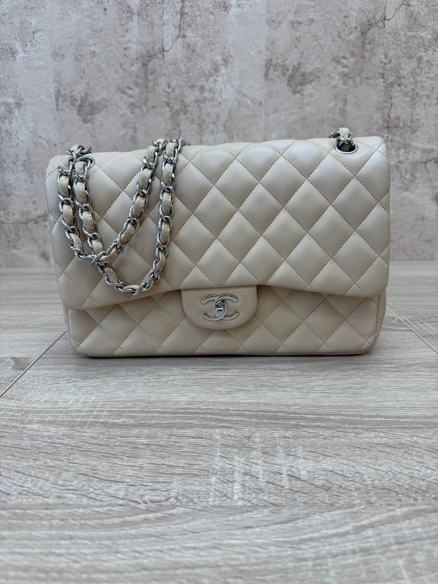 Chanel Beige Quilted Lambskin Jumbo Double Flap Bag