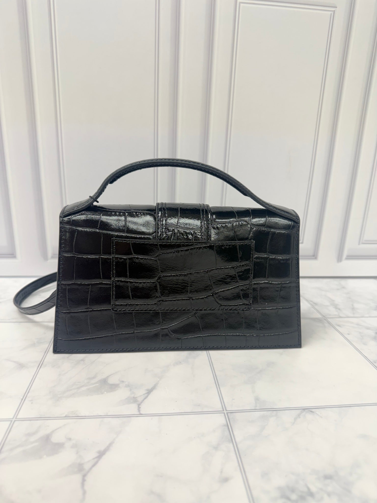 BRAND NEW - Jacquemus Black Croc Embossed Leather Le Grand Bambino 2Way Handbag