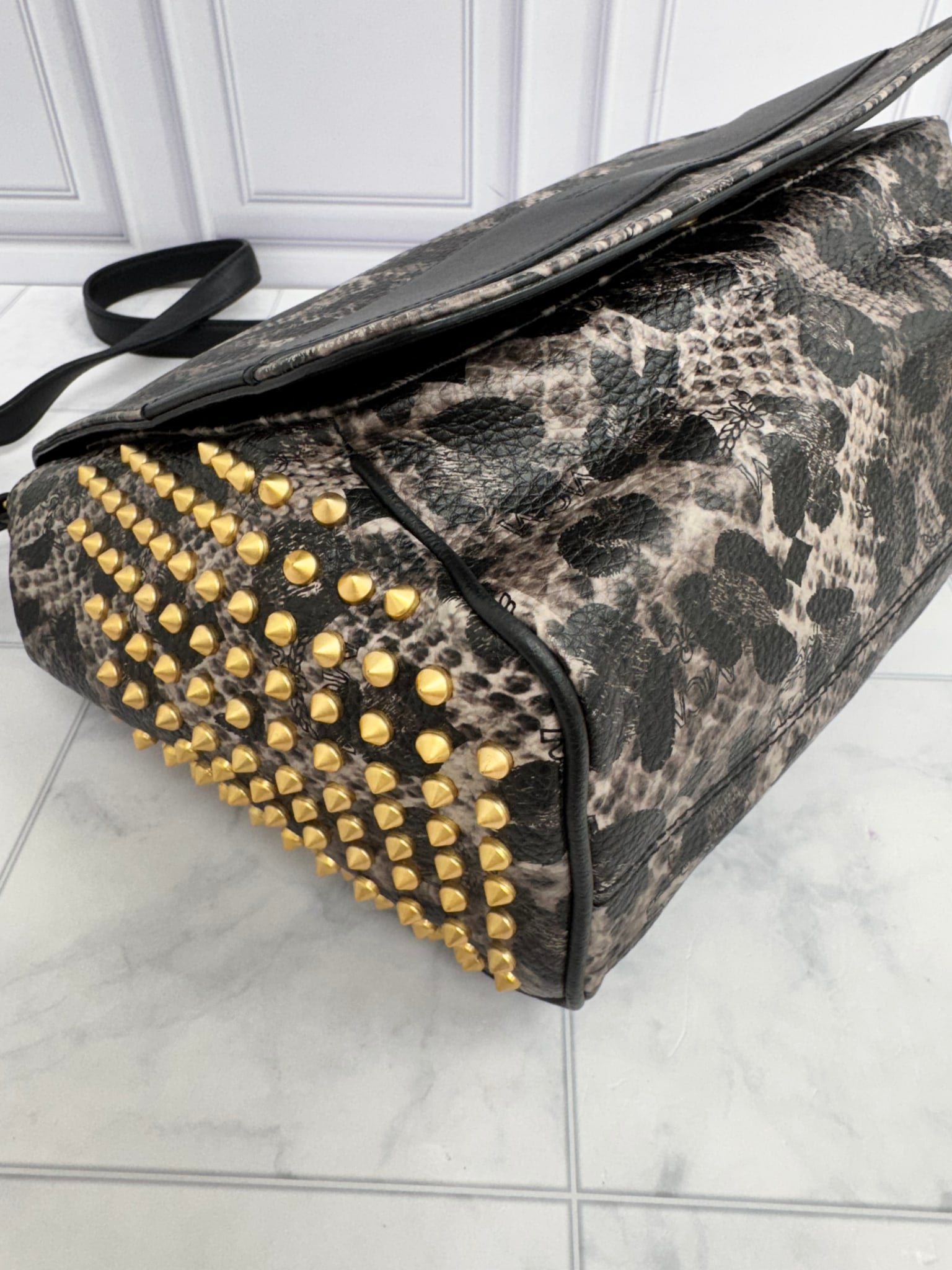 MCM Black & Leopard Print Leather Studded Crossbody Bag
