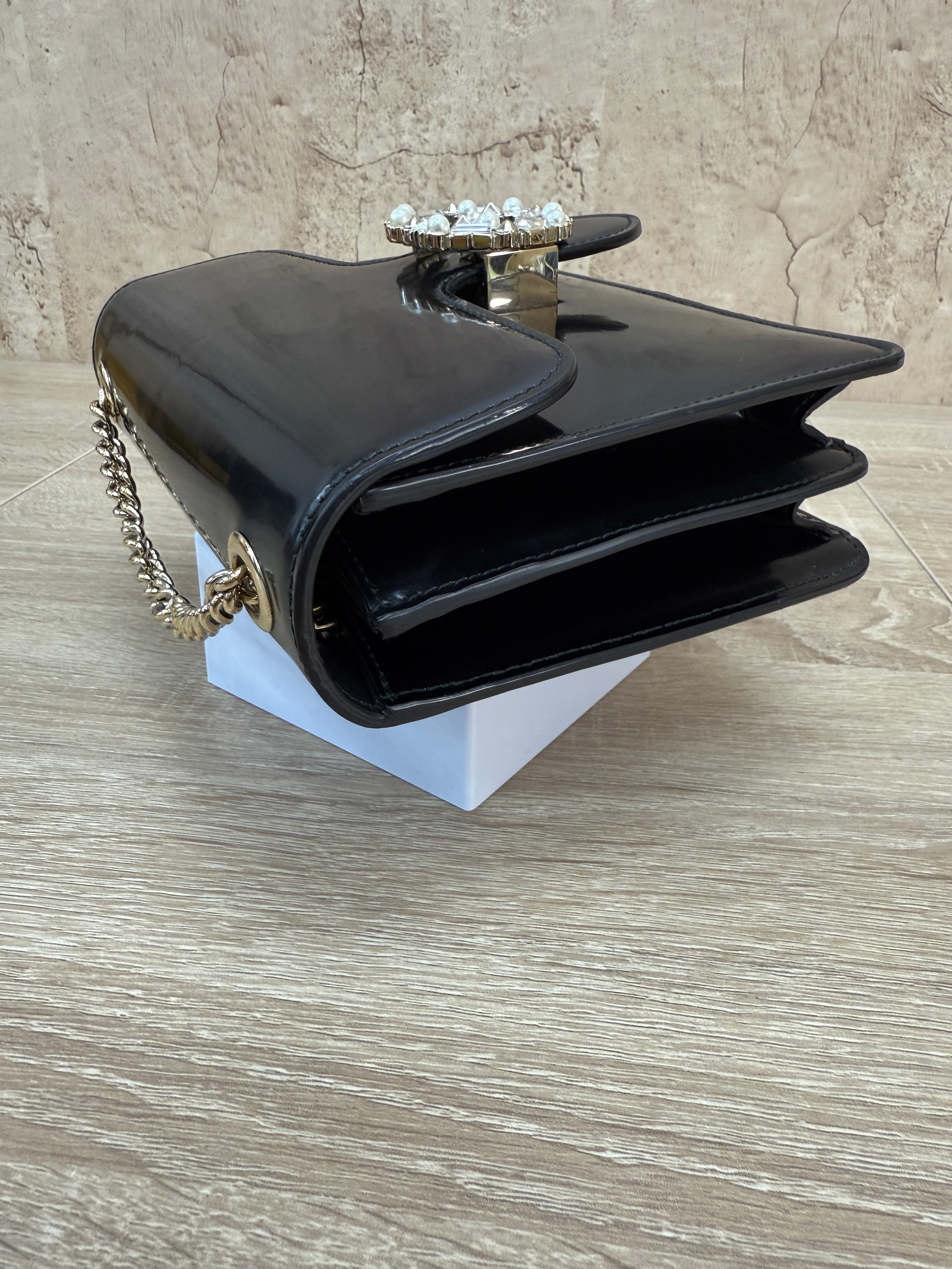 Gucci Black Patent Leather Embellished Interlocking G Small Shoulder Bag