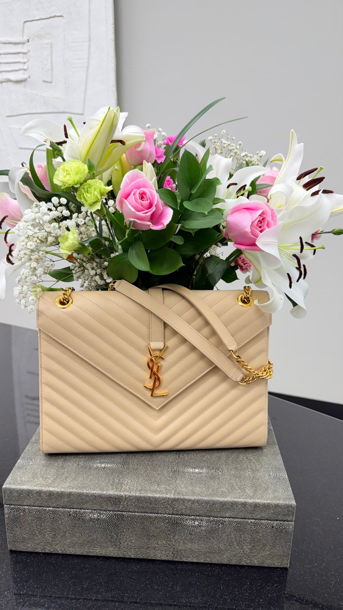 Saint Laurent YSL Beige Grained Leather Envelope Chain Handbag 