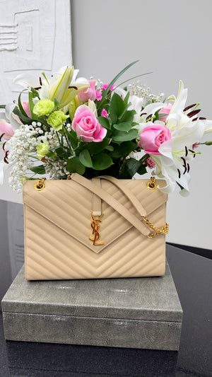 Saint Laurent YSL Beige Grained Leather Envelope Chain Handbag