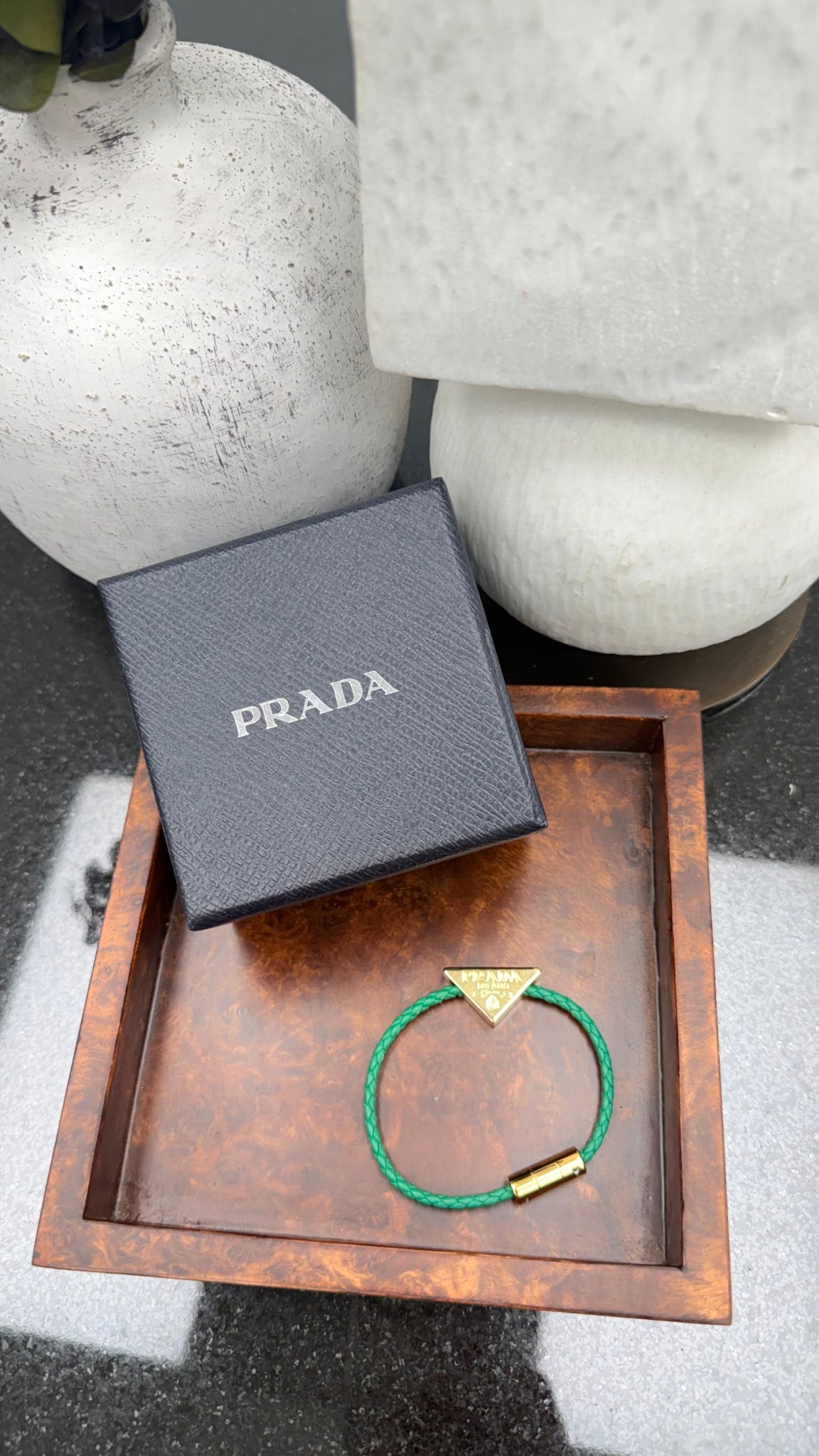 LIKE NEW - Prada Green Braided Nappa Leather Triangolo Bracelet 