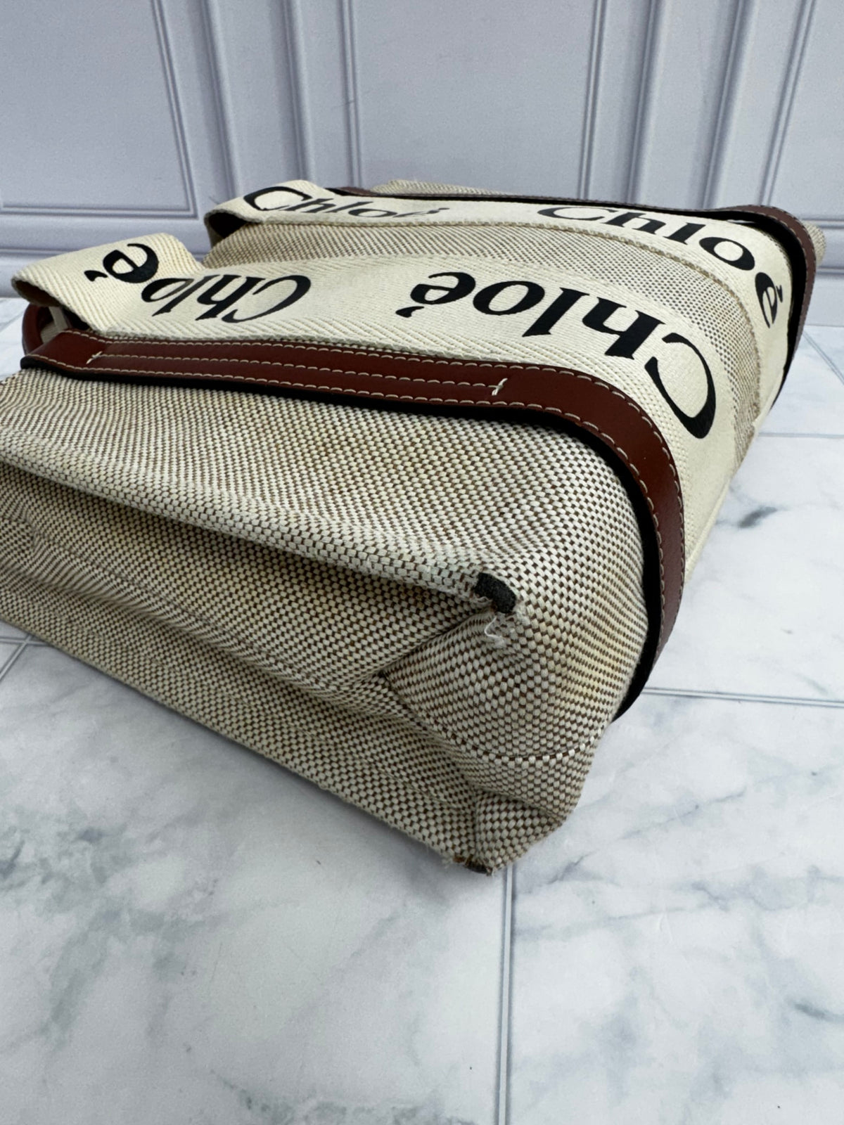 Chloe Beige Canvas Woody Small Tote Bag