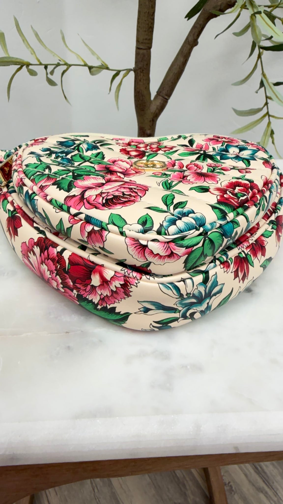 LIKE NEW - Gucci Beige & Multicolor Floral Leather Heart Marmont Crossbody