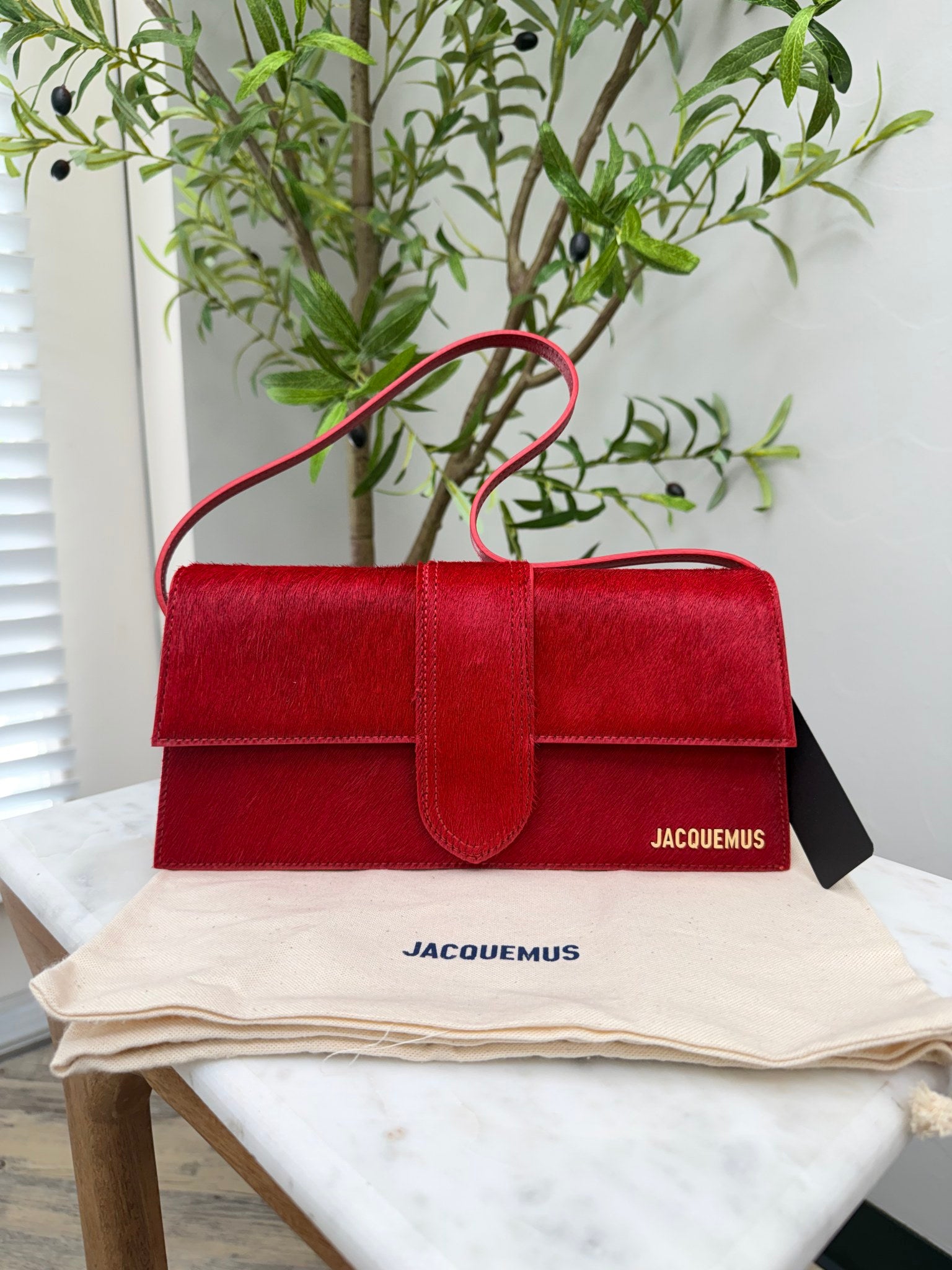 BRAND NEW - Jacquemus Red Pony Hair Le Bambino Long Shoulder Bag 