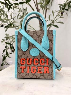 Gucci GG Supreme Canvas Teal Leather Trim Gucci Tiger Mini Two Way Tote Bag