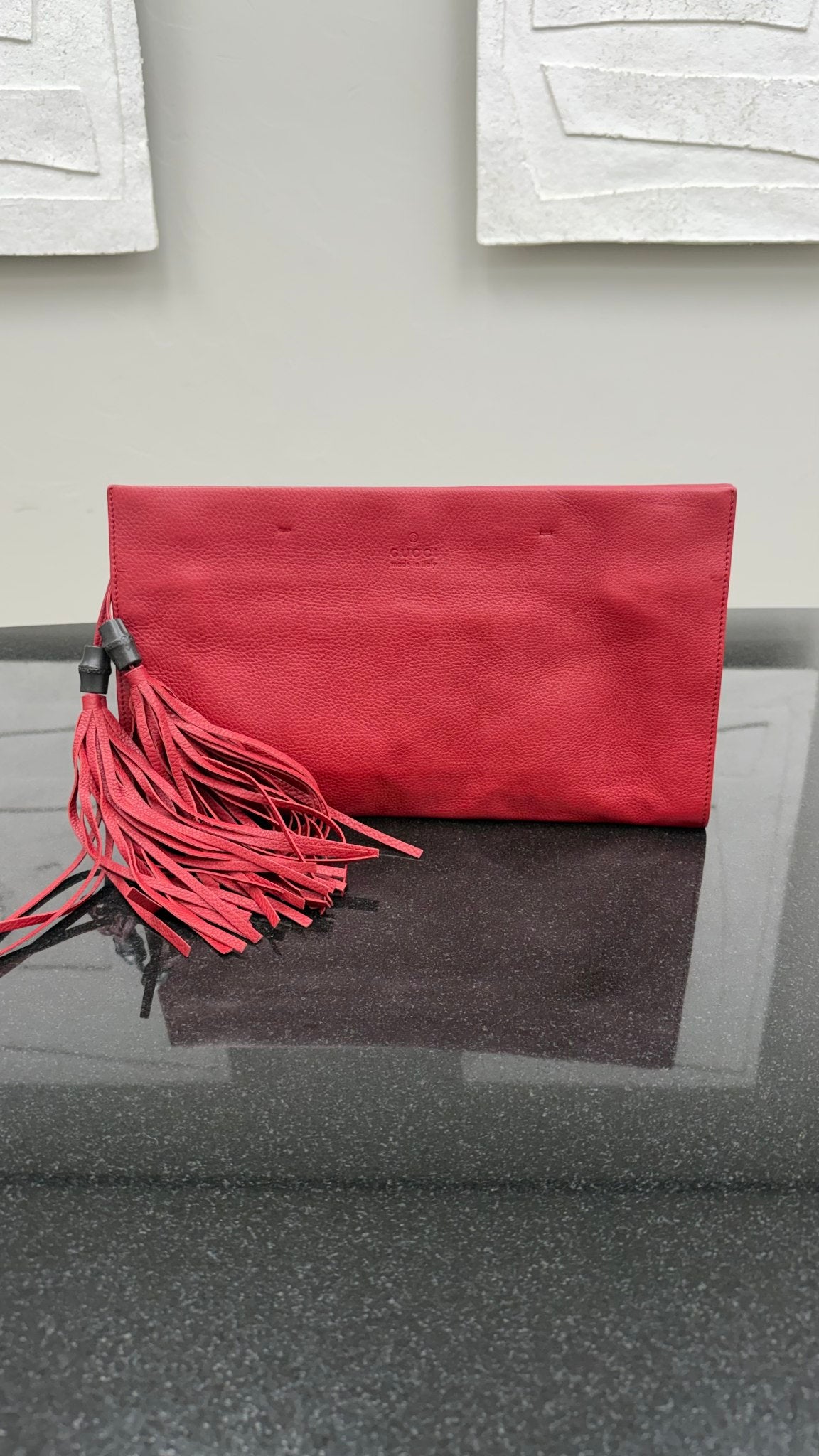 Gucci Red  Leather Bamboo Tassel Clutch