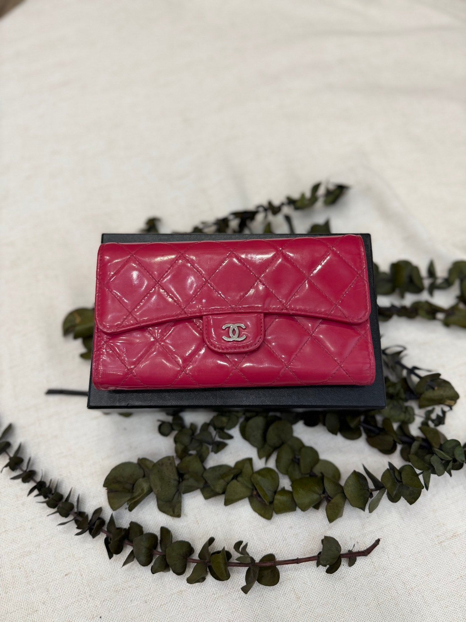 Chanel Pink Patent Leather Quilted Wave Long Wallet 