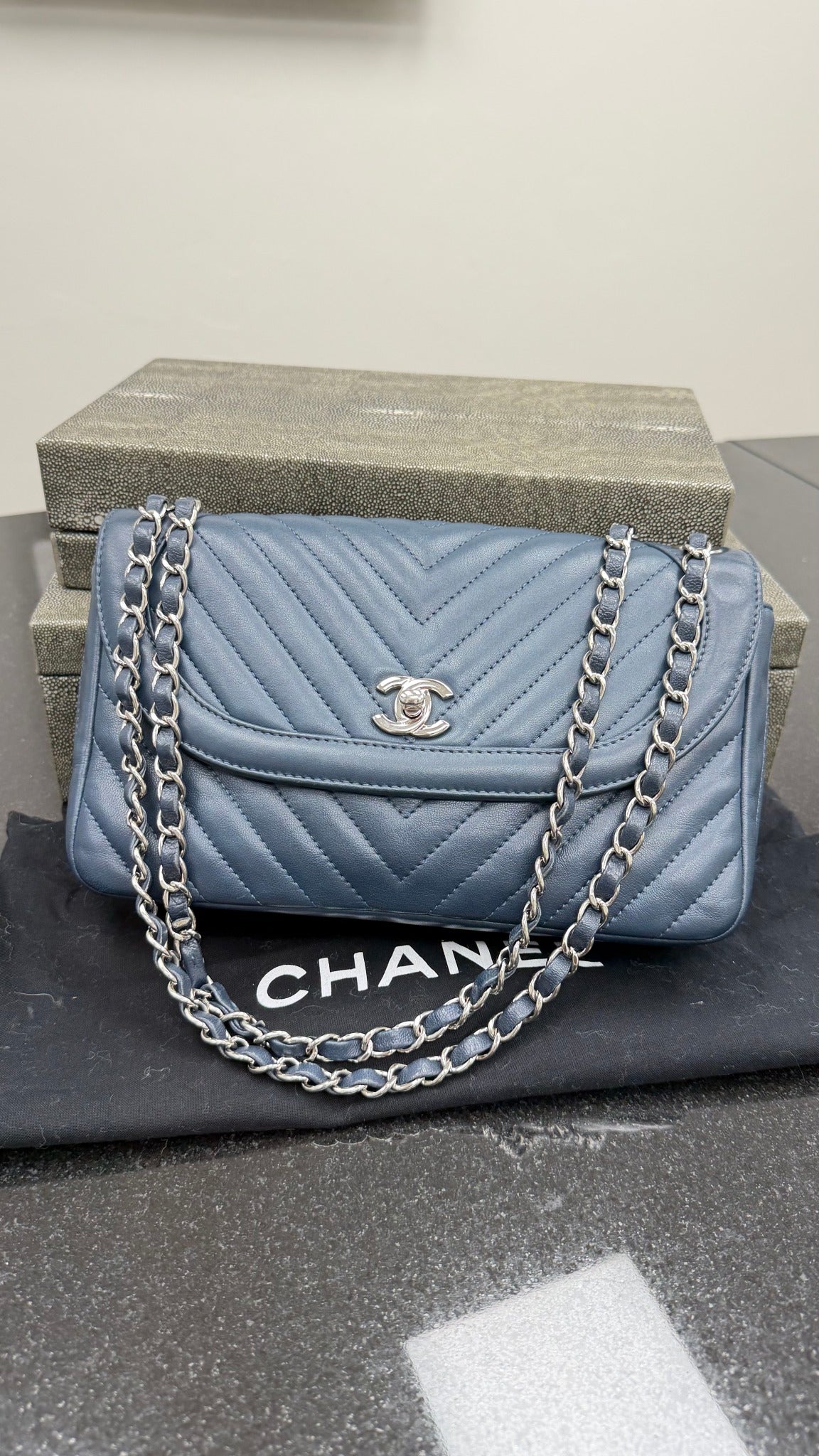 Chanel Navy Chevron Quilted Calfskin Round CC Flap Bag