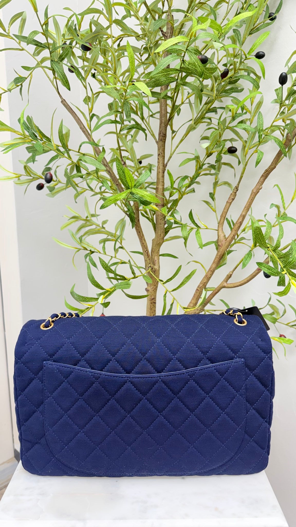 Chanel Navy Quilted Jersey Cloth Maxi Classic Flap Shoulder Bag 