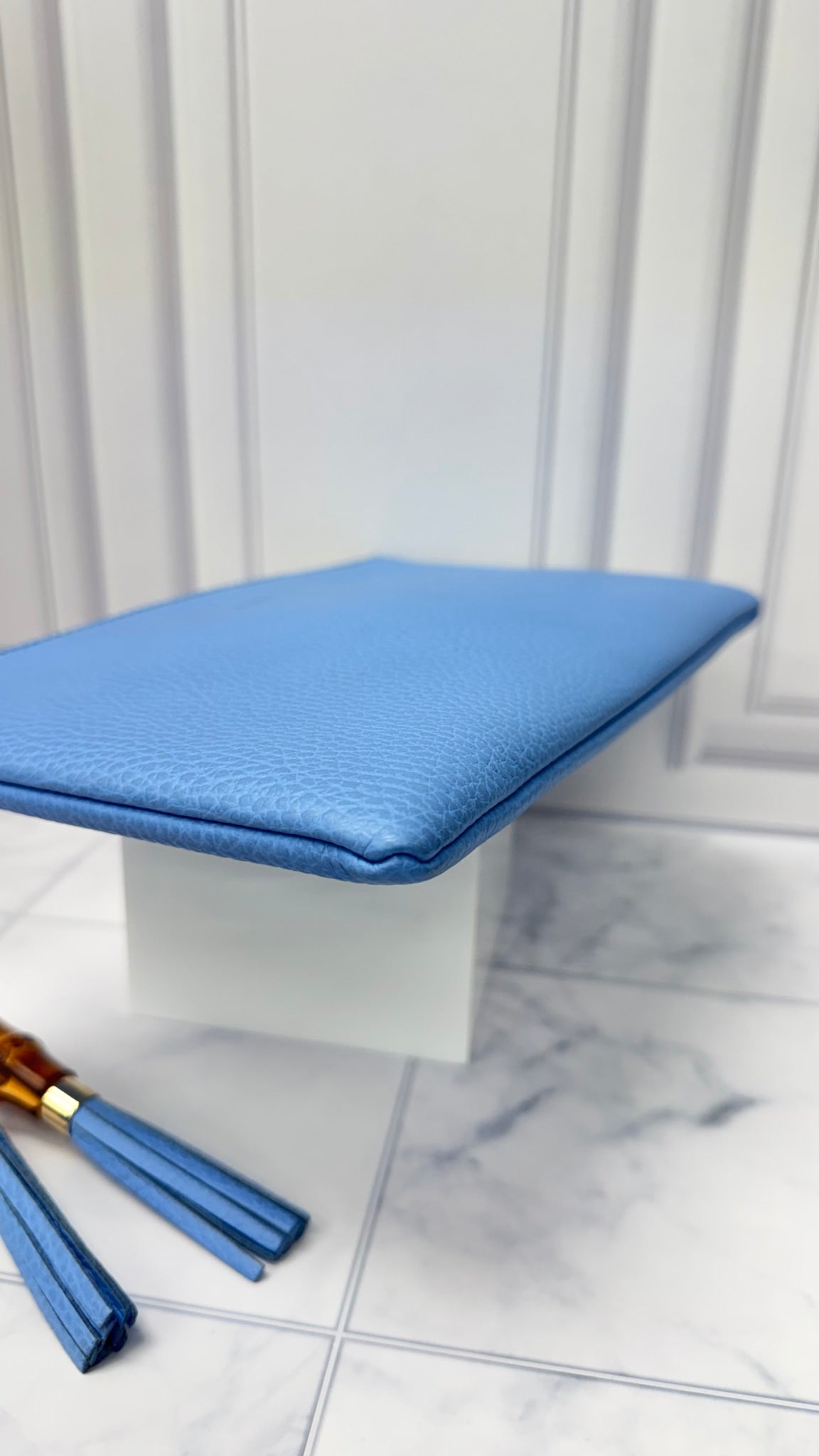 Gucci Blue Grained Leather Bamboo Clutch