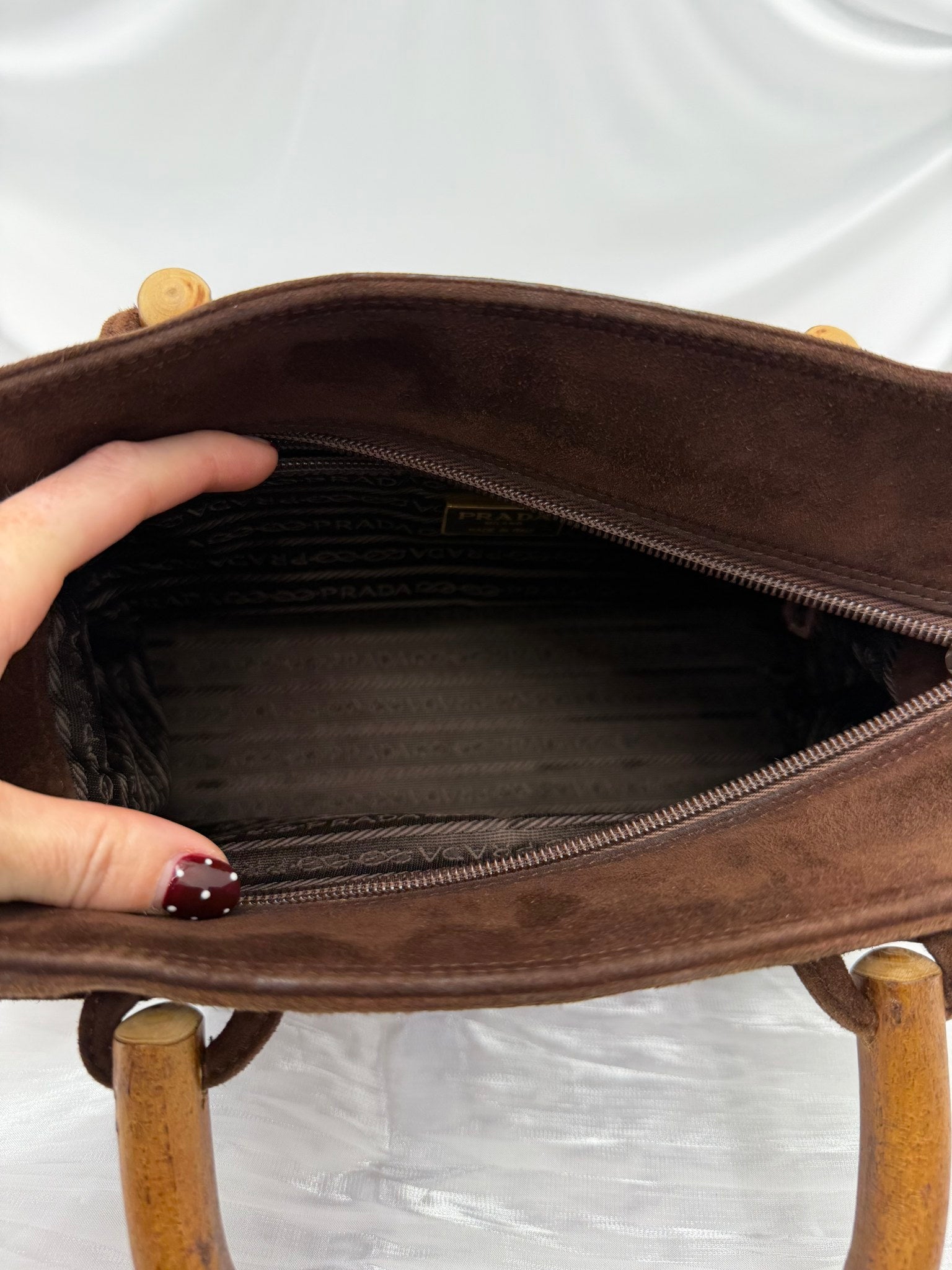 Prada Vintage Brown Suede & Wooden Handle Bag