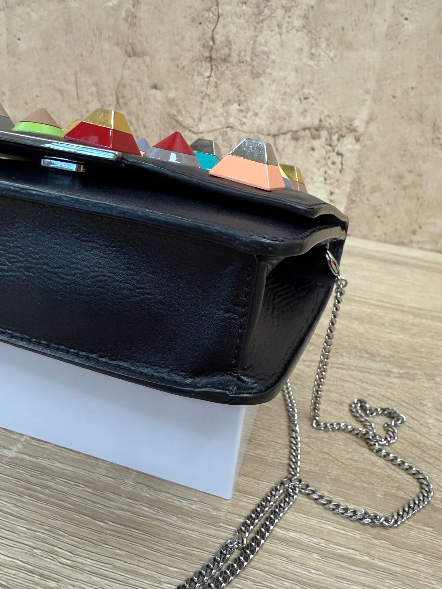 Fendi Black Leather Multicolored Studded Wallet on a Chain 