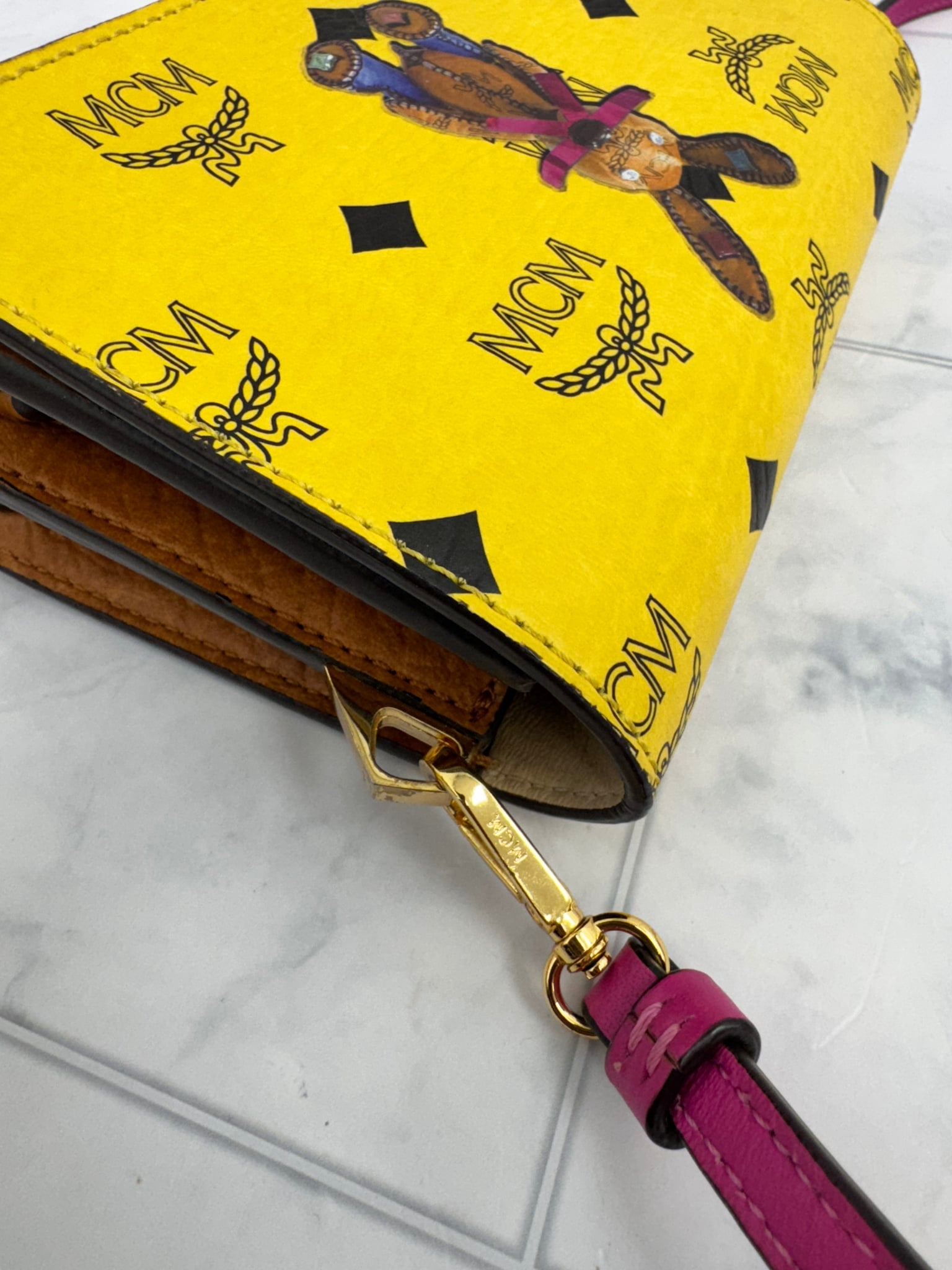 LIKE NEW - MCM Yellow Visetos Coated Canvas Rabbit Crossbody Bag