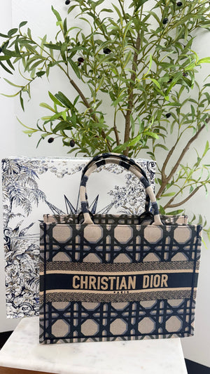 LIKE NEW - Christian Dior Beige And Blue Macrocannage Canvas Medium Book Tote Bag