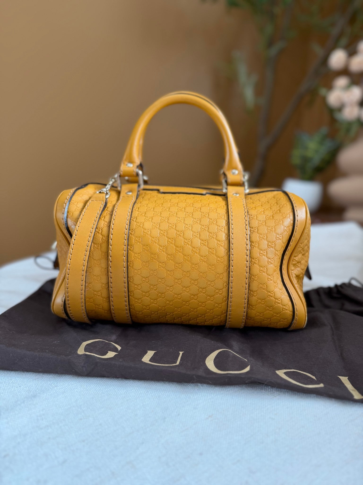 Gucci Mustard Yellow Leather Microguccissima Boston Bag