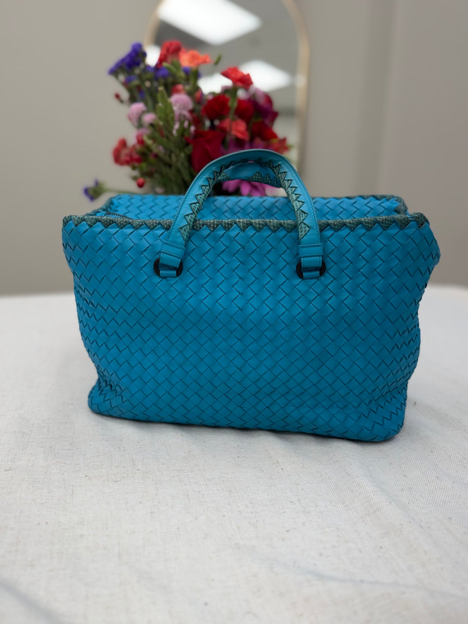 Bottega Veneta Turquoise Intrecciato Leather & Python Large Brick Tote Bag
