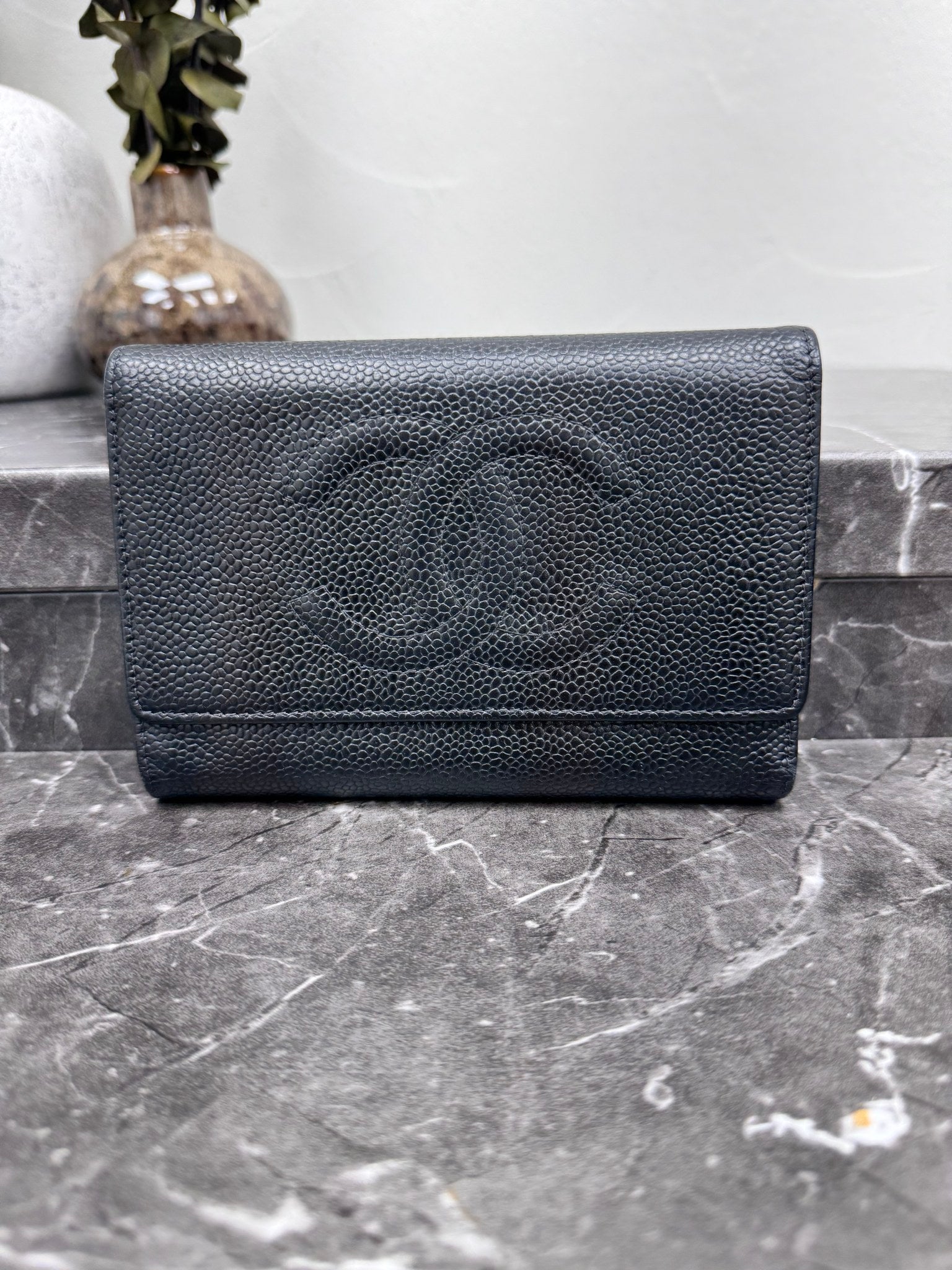 Chanel Black Caviar Leather CC Trifold Compact Wallet