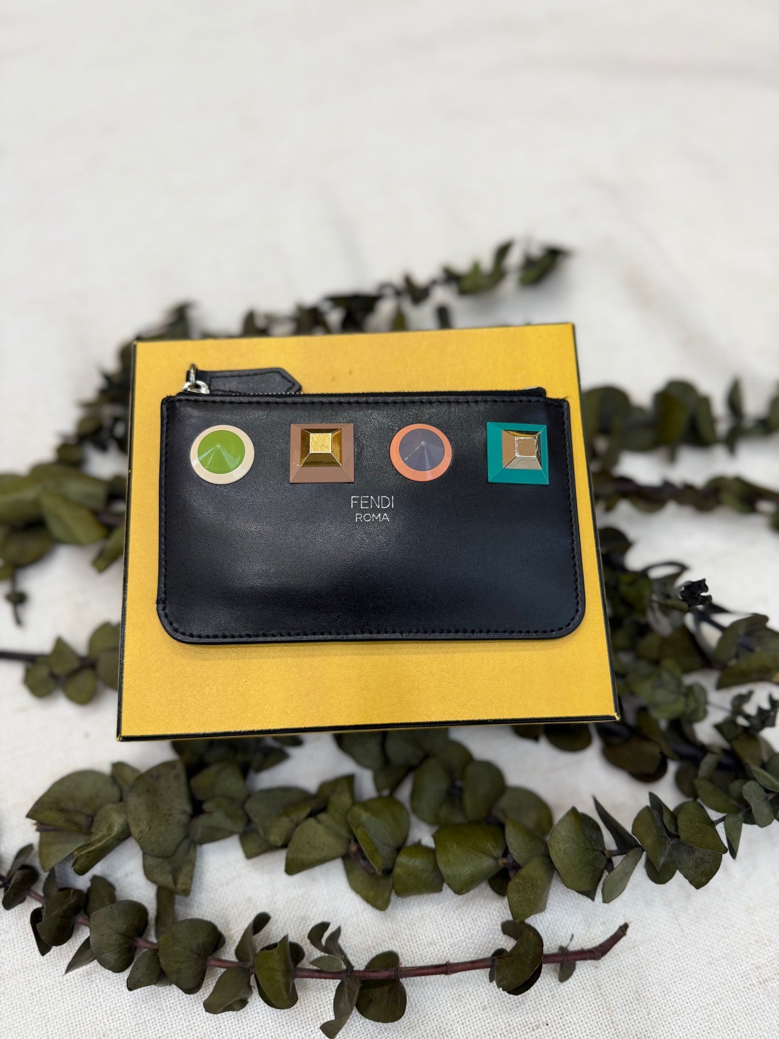 Fendi Black Leather Studded Coin Pouch