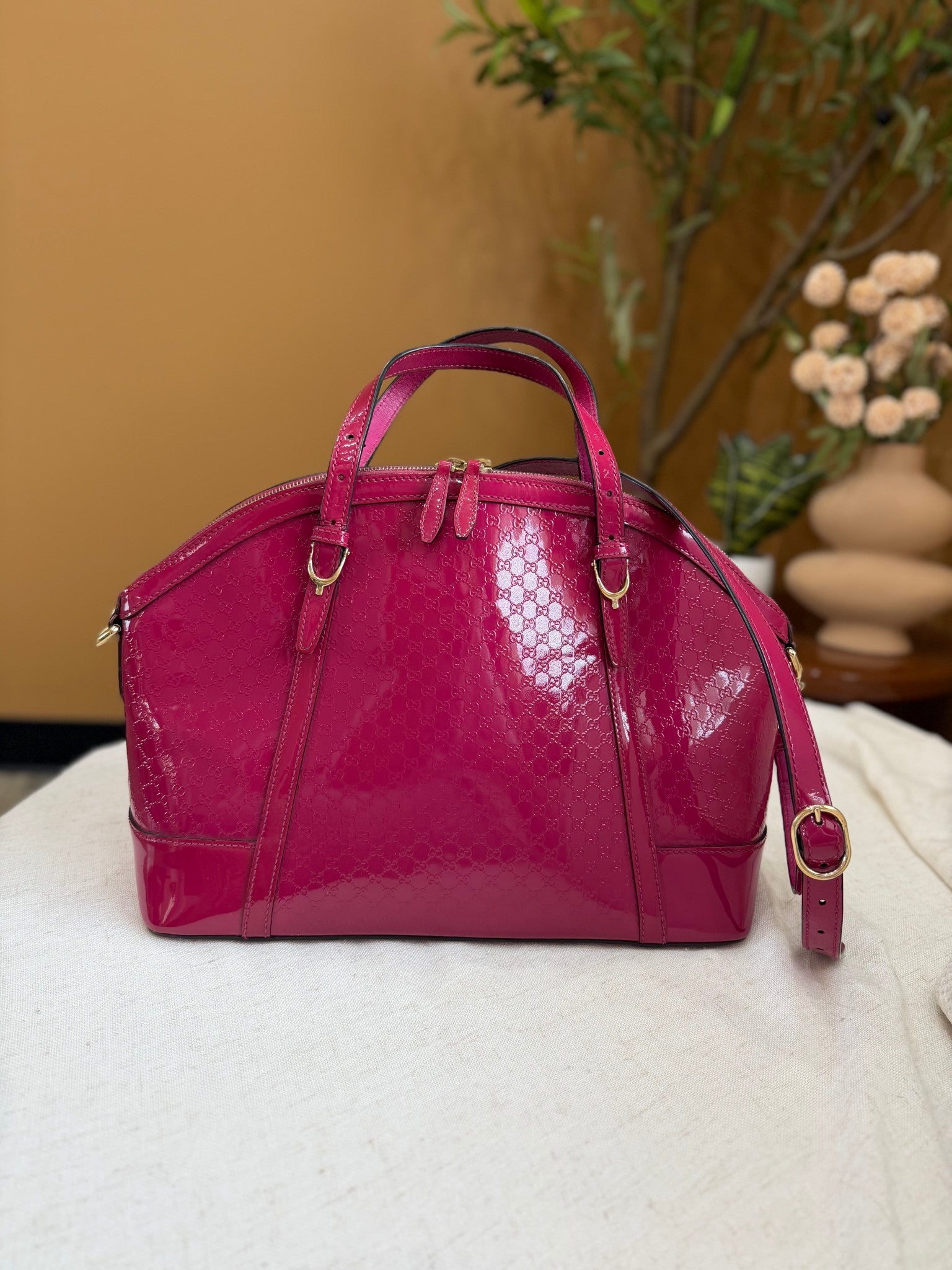 Gucci Raspberry Patent Leather Large  Microguccissima Two Way Bag