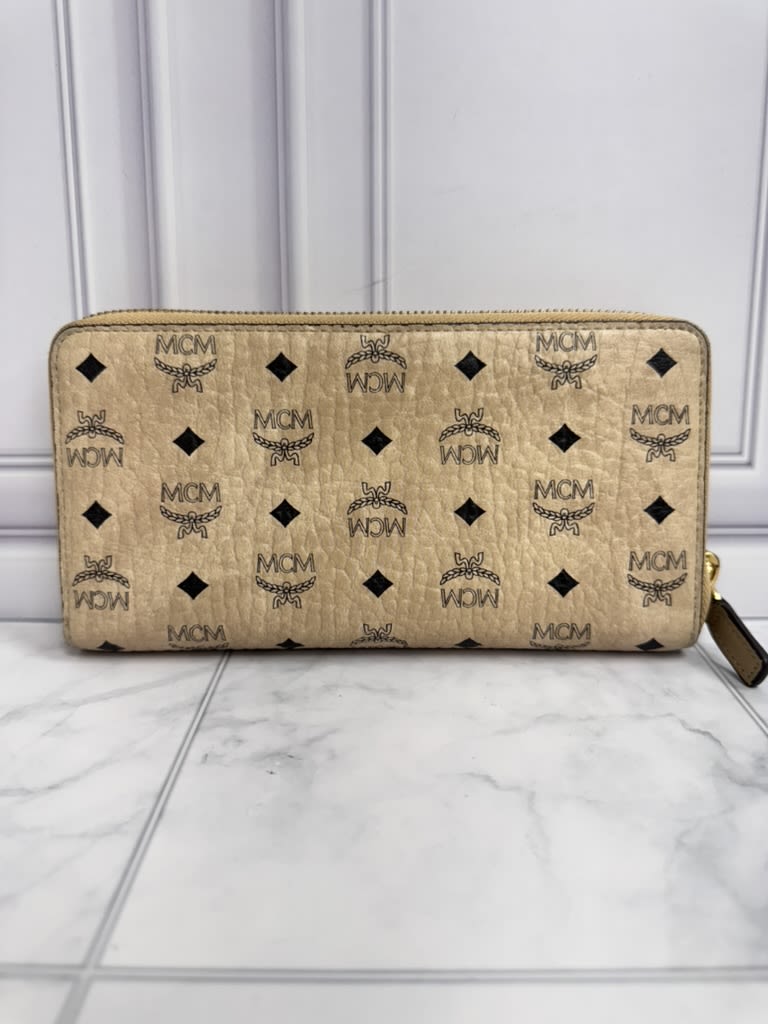 MCM Beige Visetos Monogram Leather Zippy Wallet