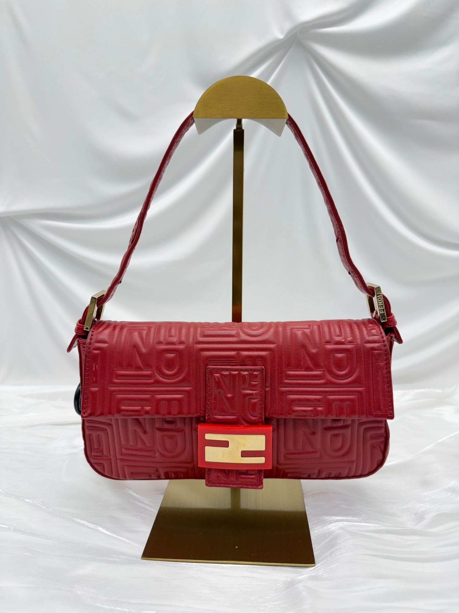 Fendi Red Embossed Leather Baguette