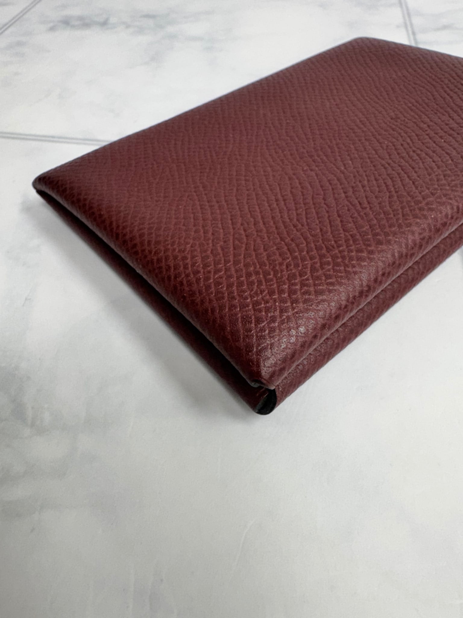 Hermes Burgundy Grained Leather Calvi Card Holder