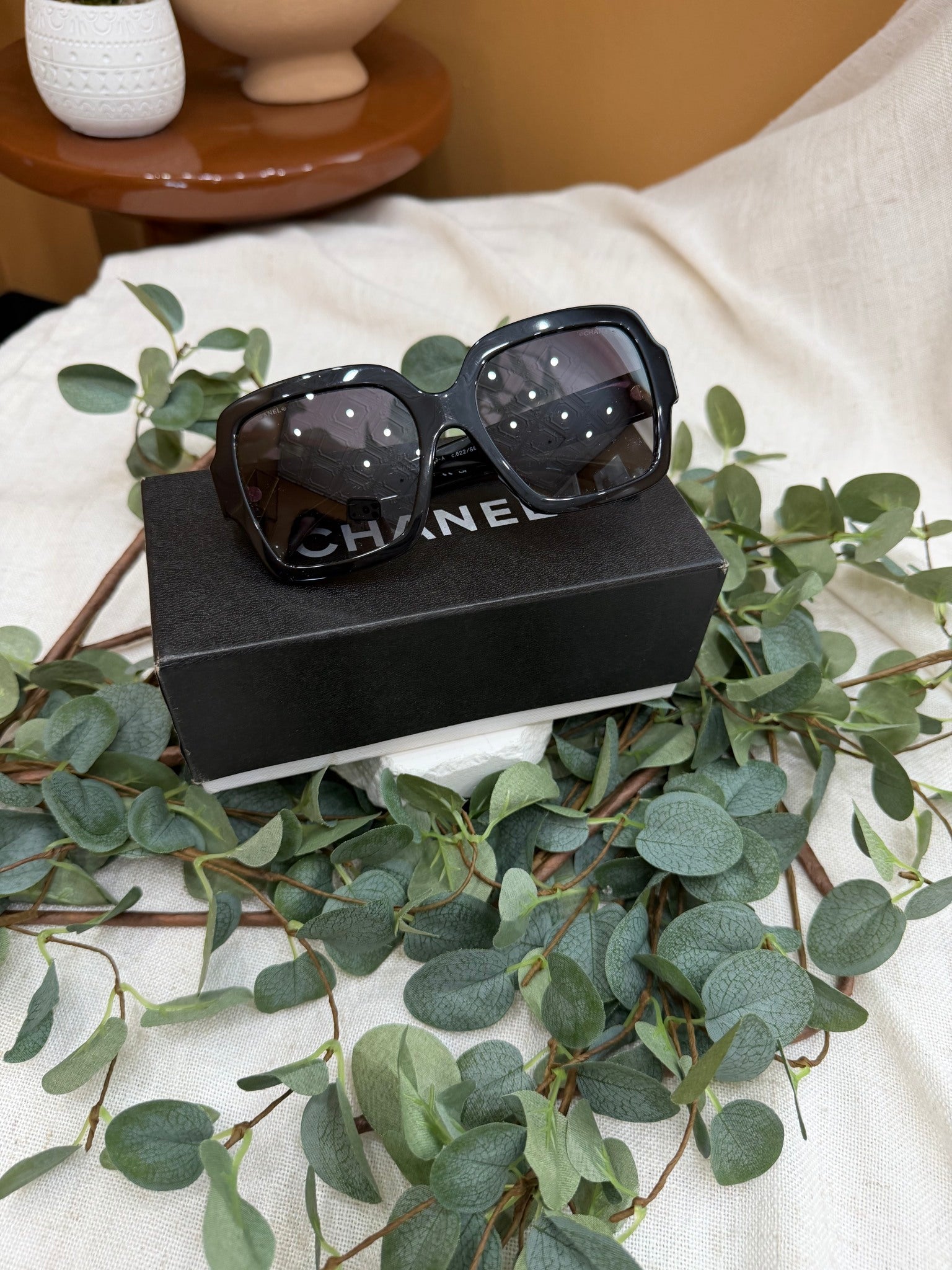 Chanel Black Acetate Charms Pearl Square Sunglasses