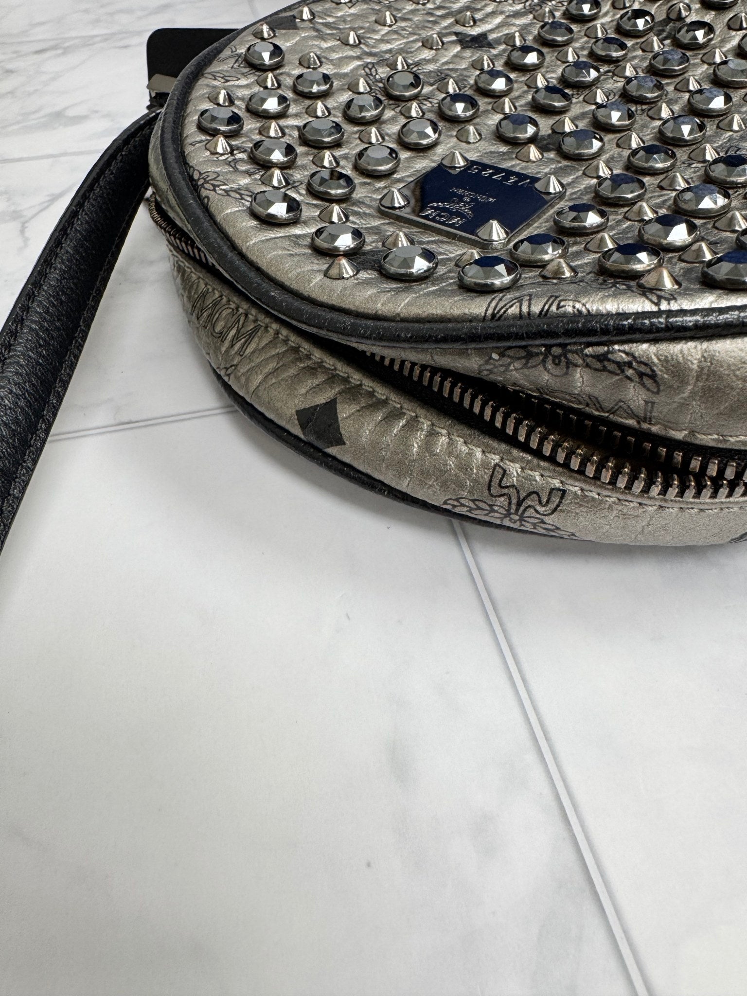 MCM Metallic Silver Visetos Leather Studded Round Crossbody Bag