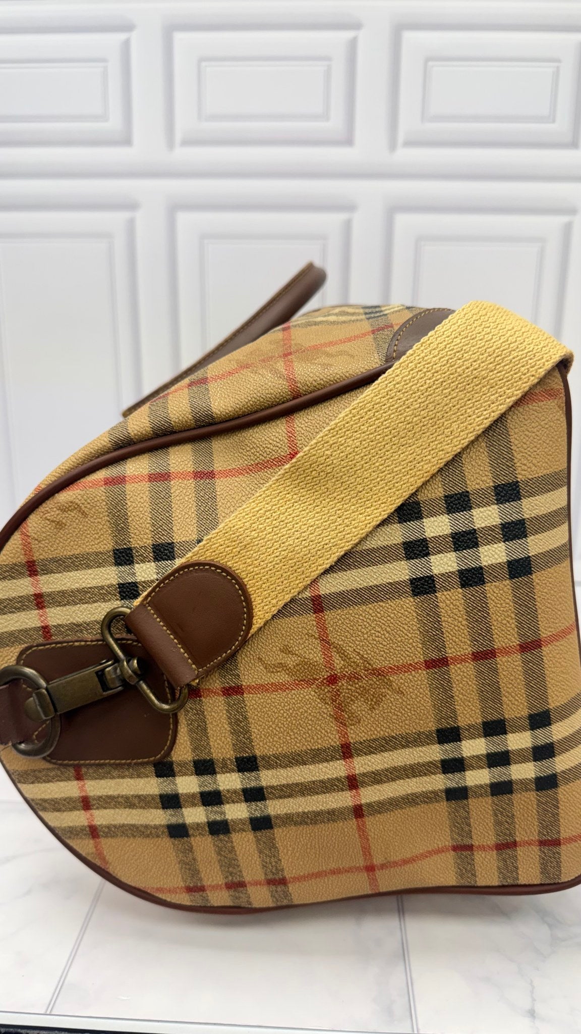 Burberry Beige Haymarket Check Pattern Boston Travel Bag 