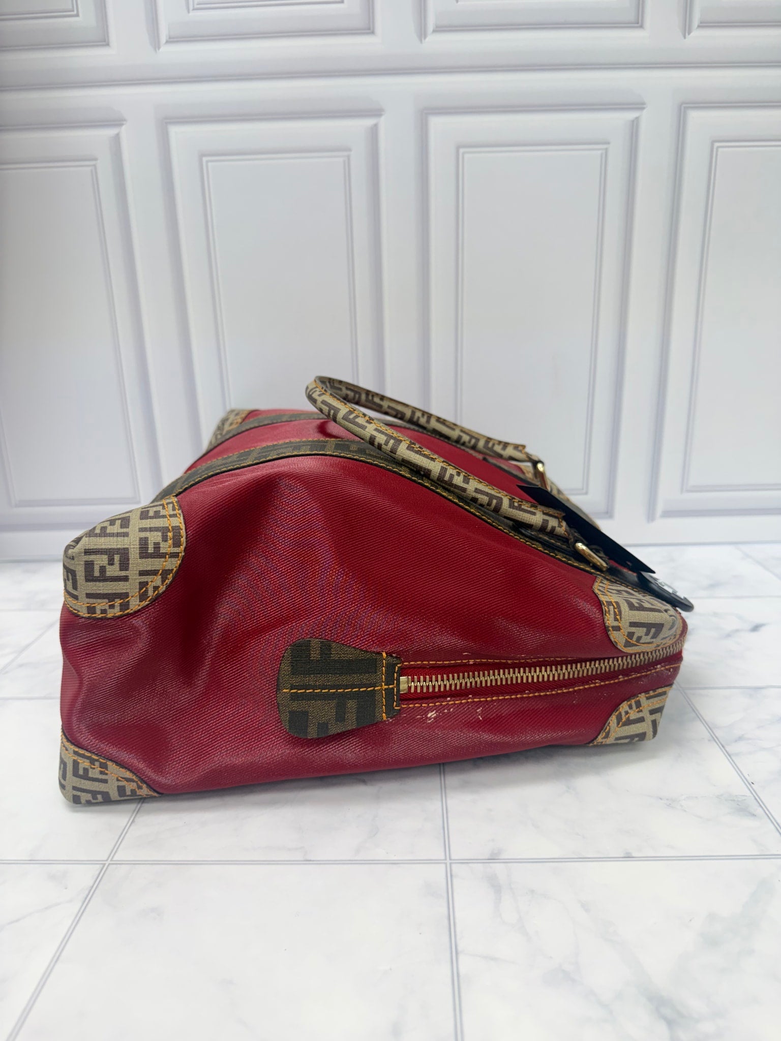 Fendi Red Coated Canvas B Tote Bag