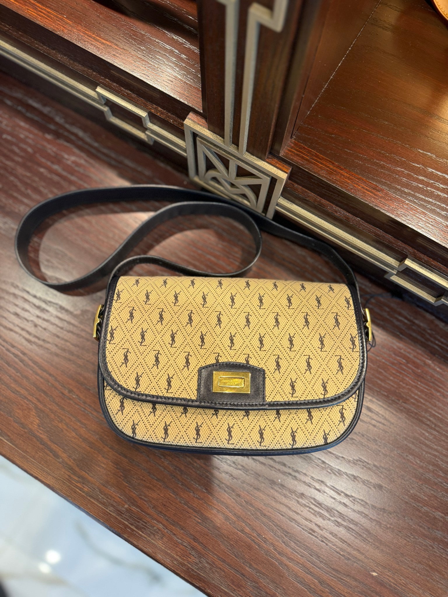 BRAND NEW- Saint Laurent YSL Cream & Navy Monogram All Over Medium Satchel Bag