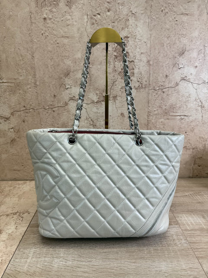 Chanel Light Gray Quilted Lambskin Cambon Tote