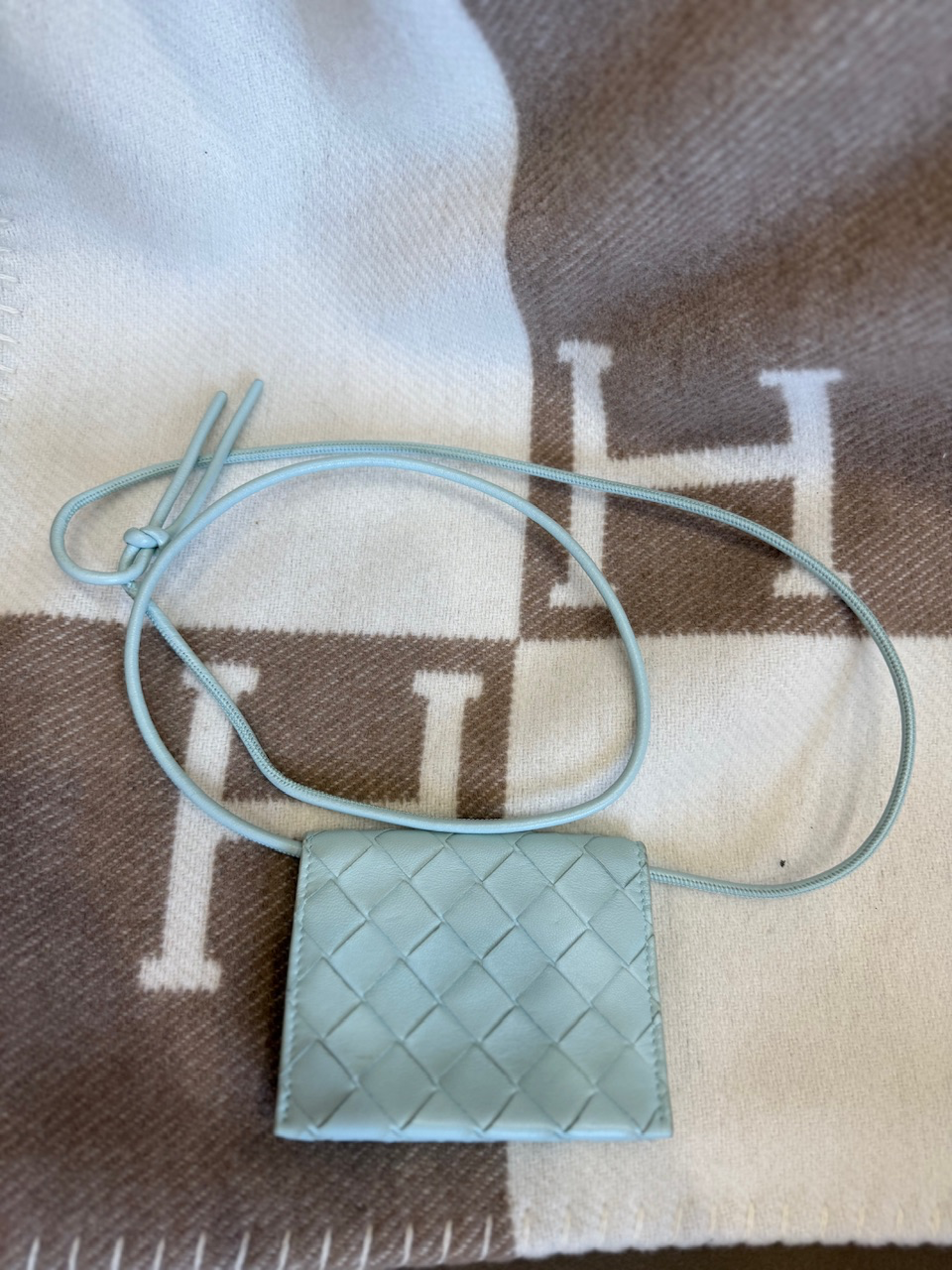 Bottega Veneta Sky Blue Leather Card Case on Strap