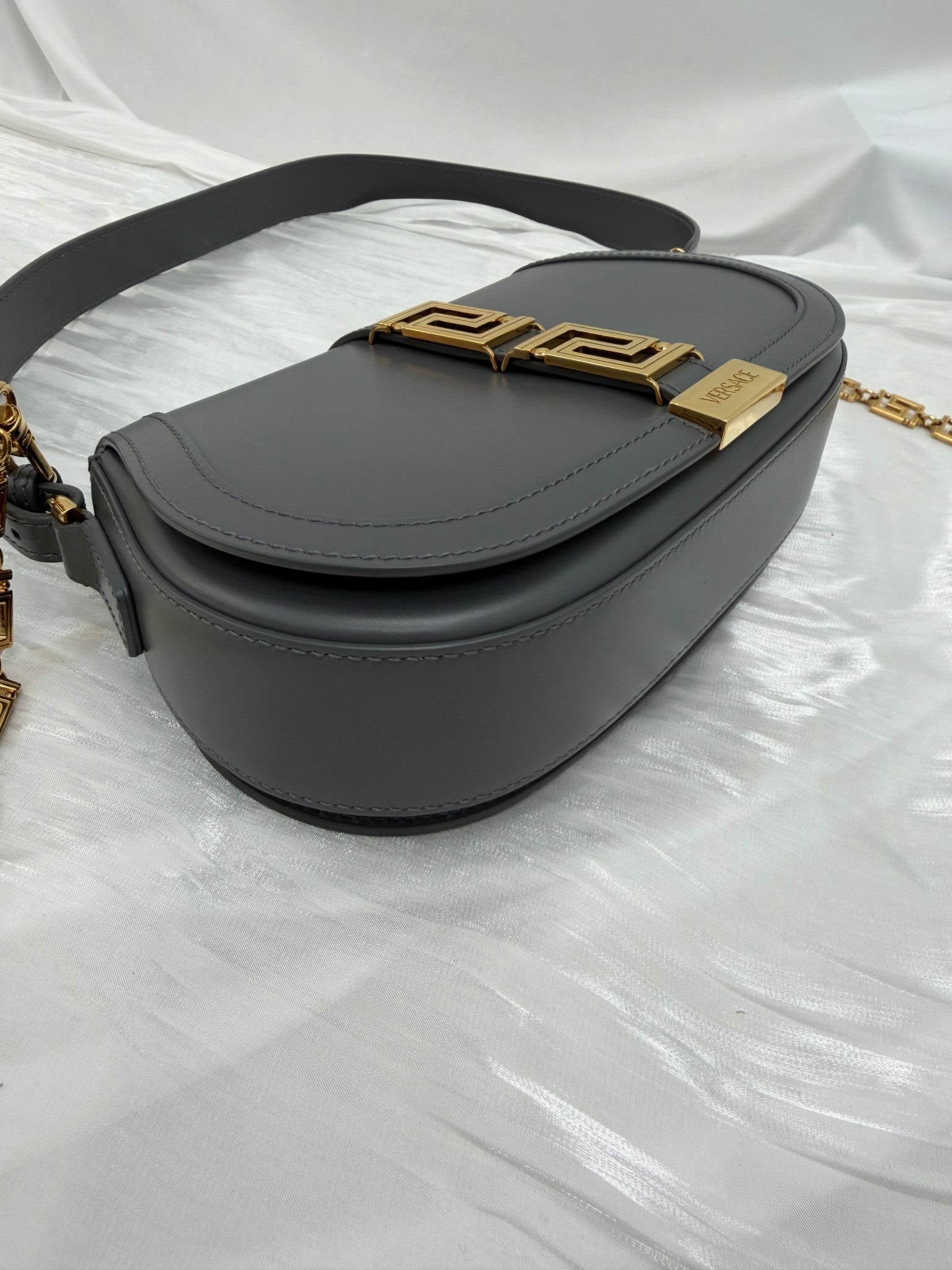 LIKE NEW- Versace Grey Calfskin Medium Greca Goddess Shoulder Bag