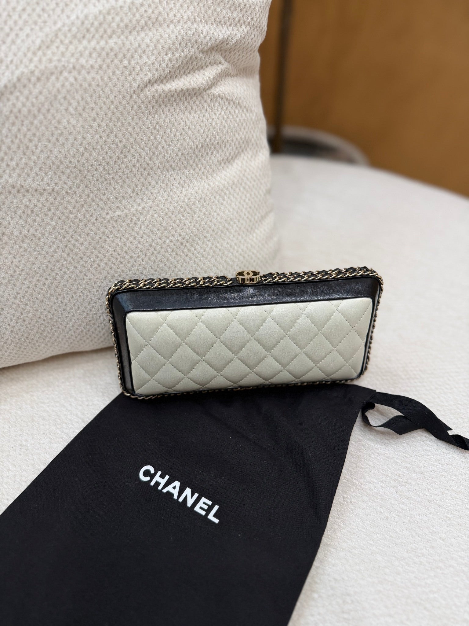 Chanel Black And White Calfskin Chain Around Clutch Bag