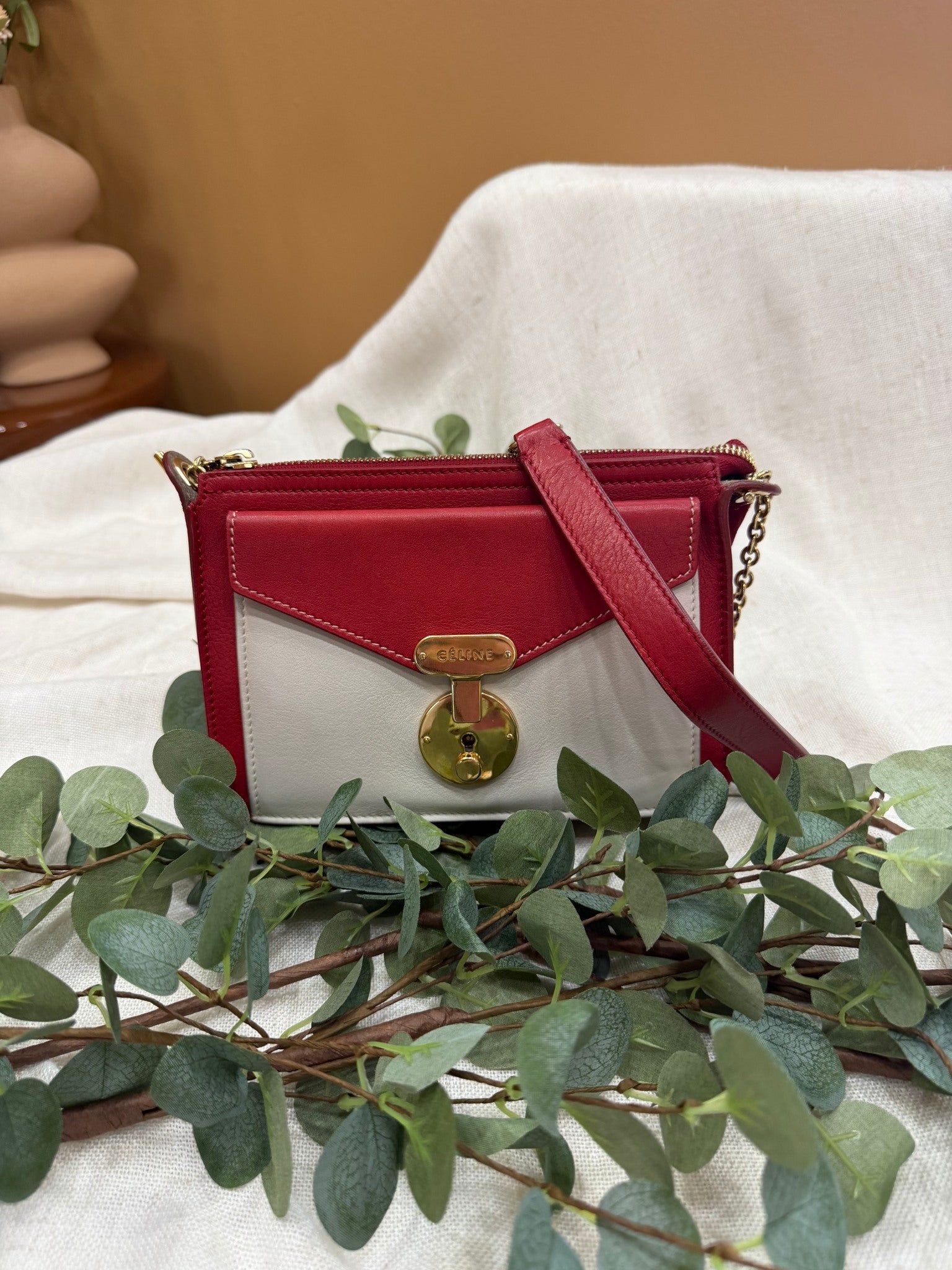 Celine Red And White Two Toned Leather Chain Shoulder Bag